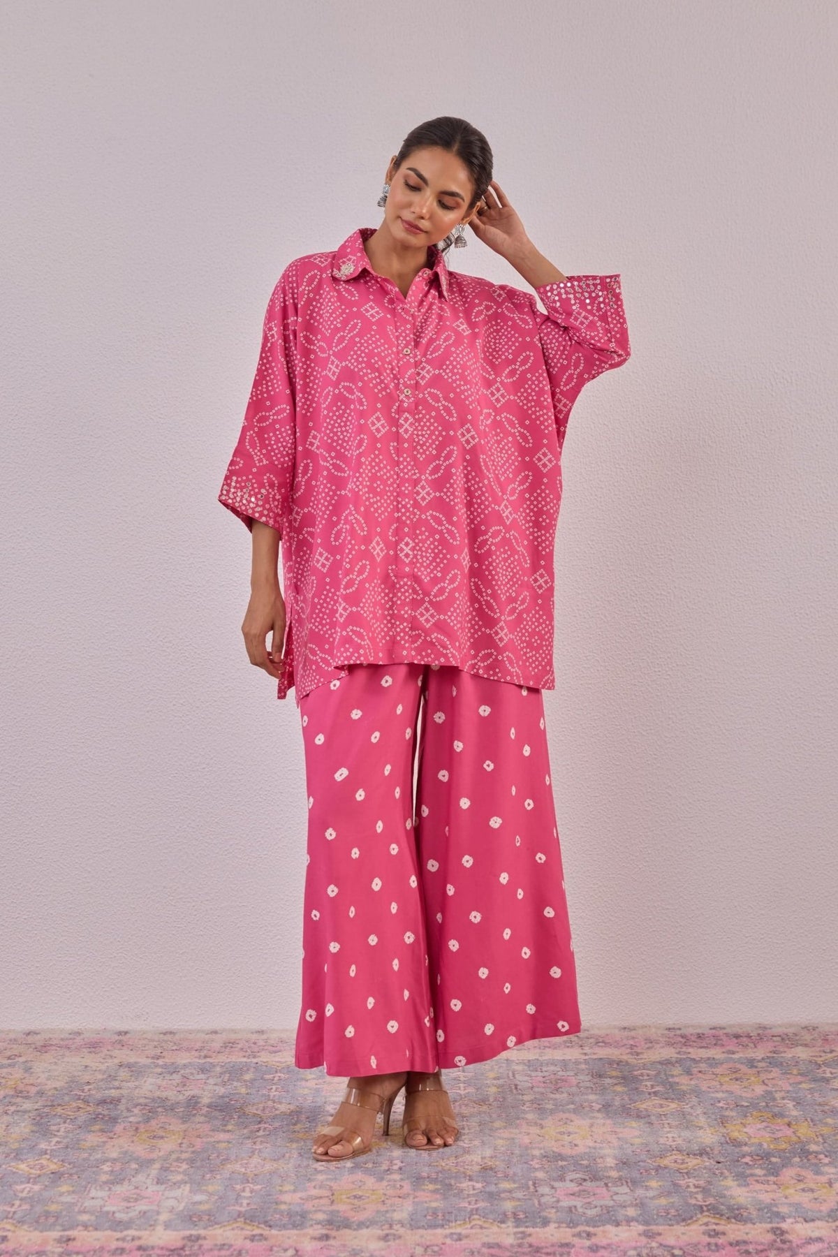 Pink Embroidered Bandhej Printed Coord Set With Palazzo Pant - Tara - C - Tara