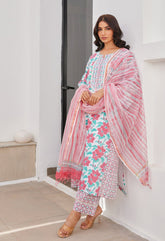 Pink Floral Hand Block Printed Kurta Set With Dupatta - Tara - C - Tara