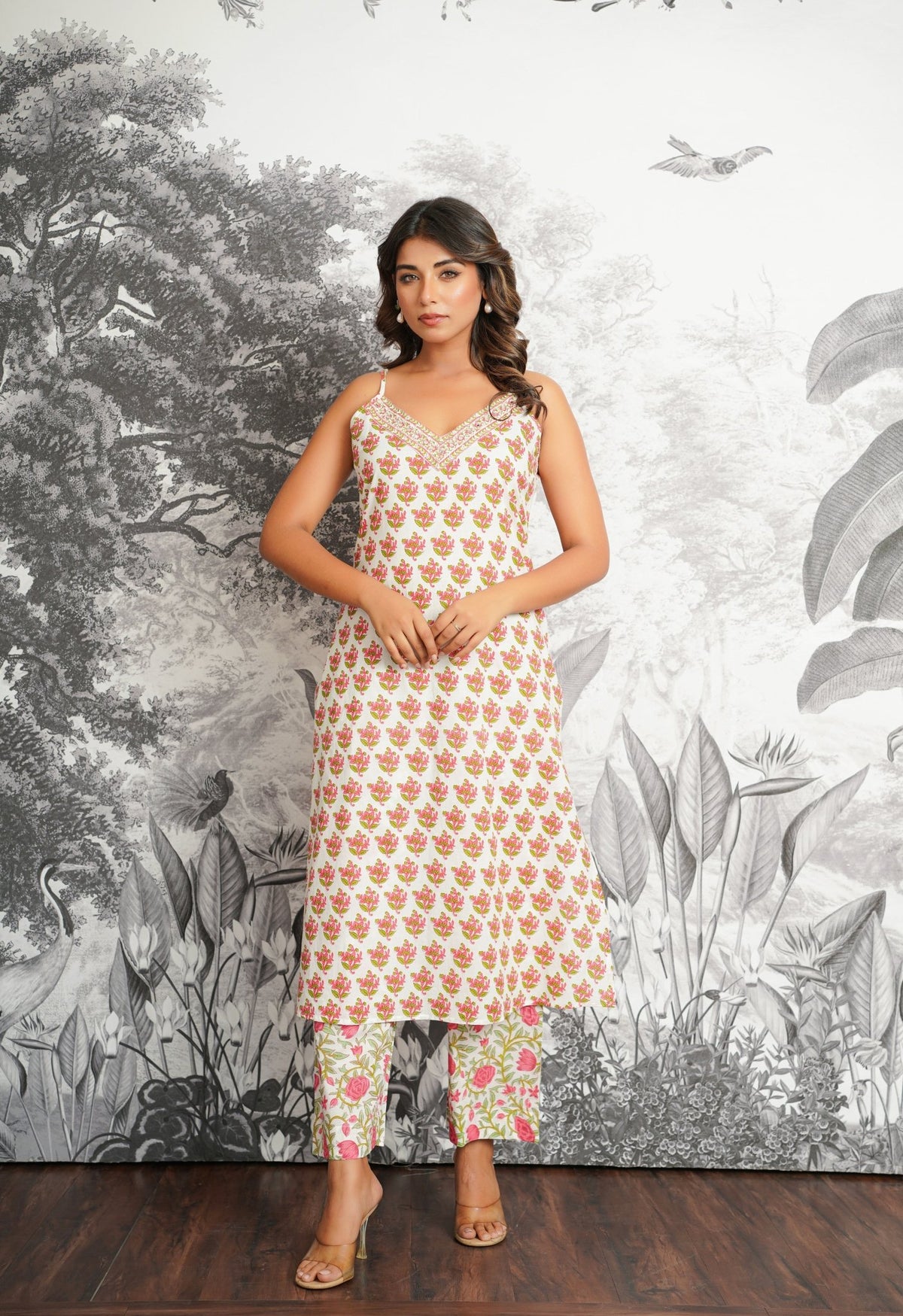 Pink - Green Floral Printed Strappy Suit set - Tara - C - Tara