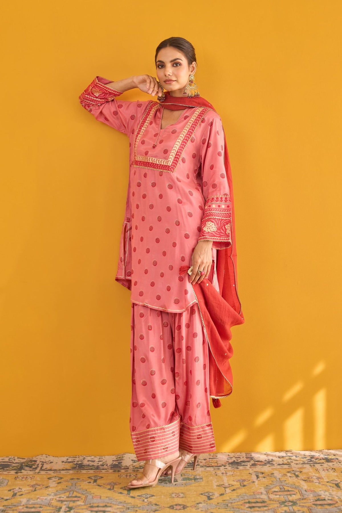 Pink Polka Dot Farshi Salwar Suit Set With Dupatta - Tara - C - Tara