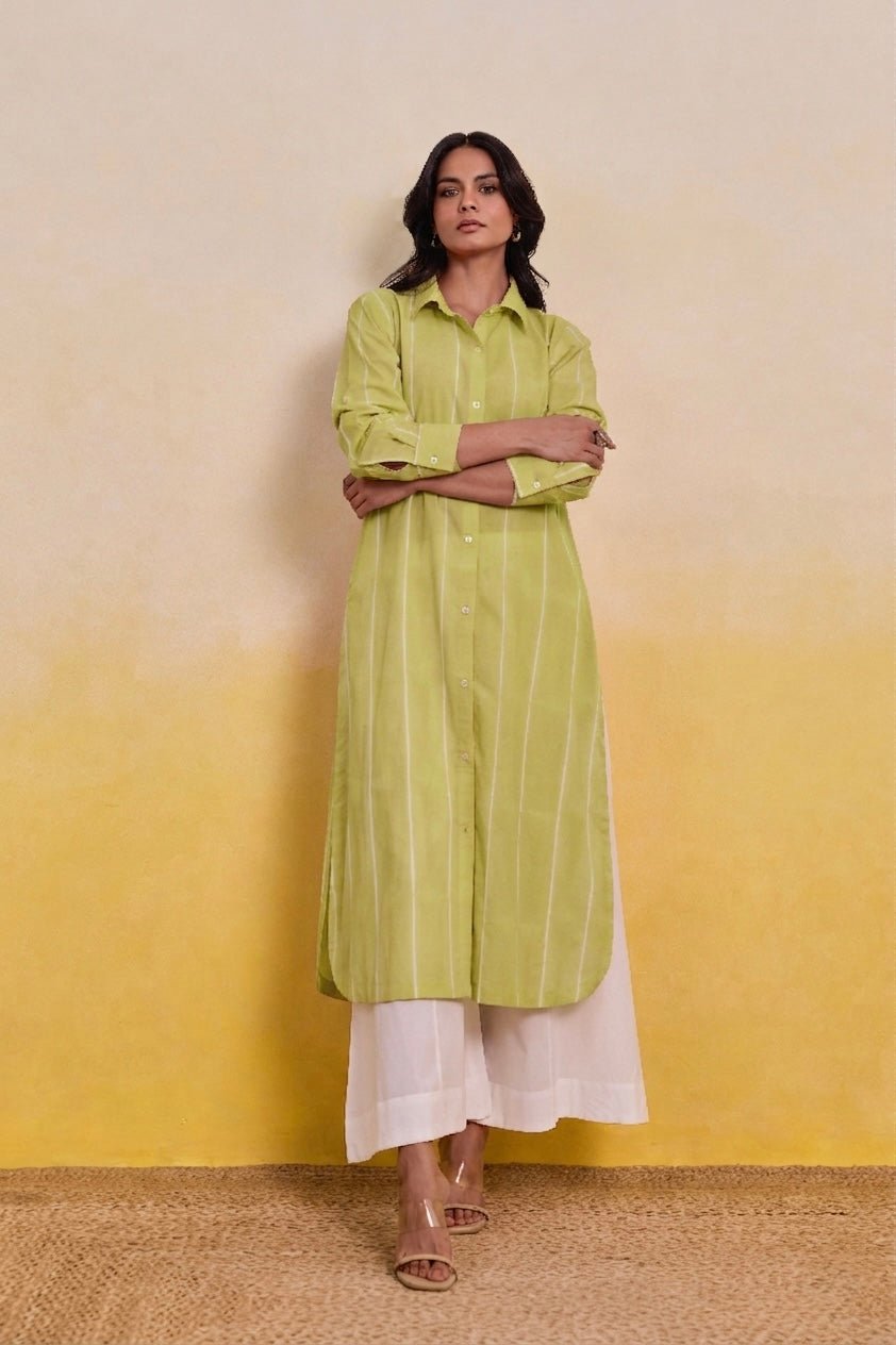 Pistachio Green Striped Shirt Kurti with White Palazzo Co - ord Set - Tara - C - Tara