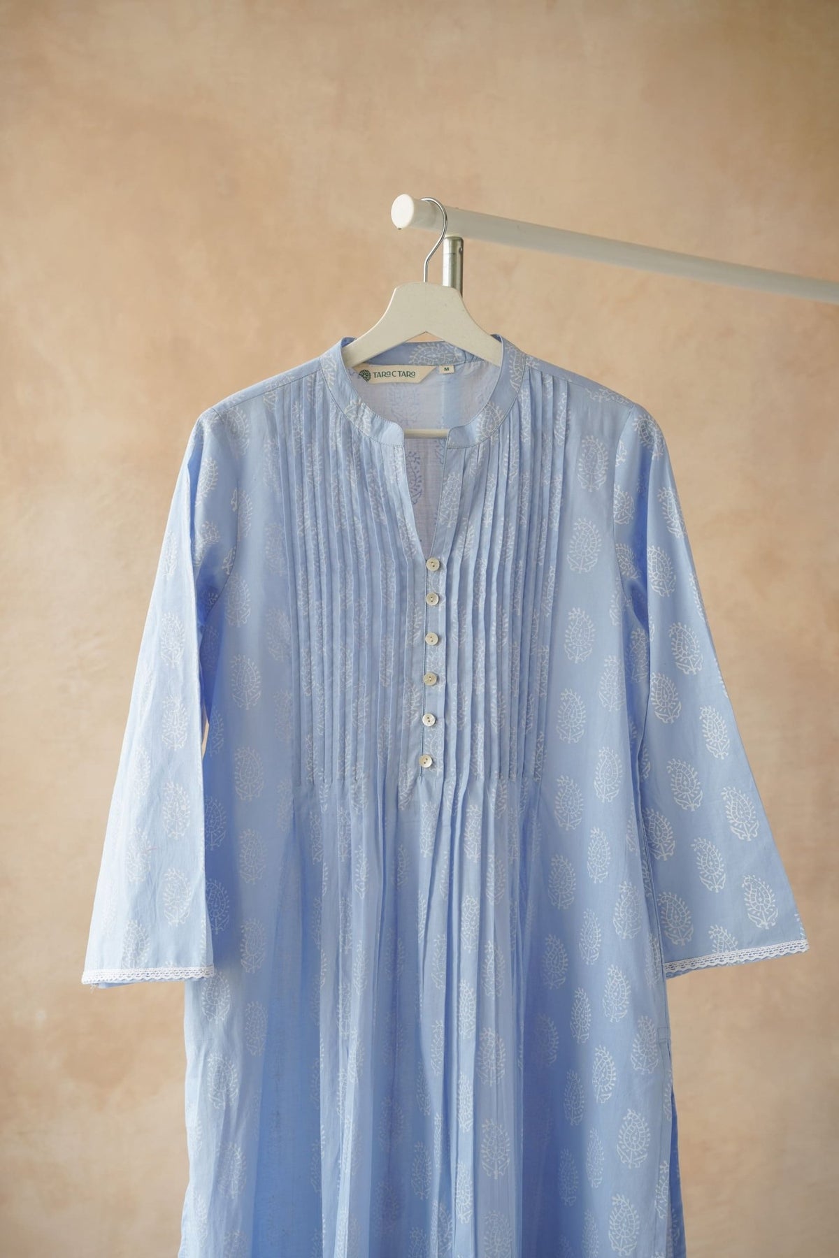 Powder Blue Hand Block Printed Pintuck Kurta - Tara - C - Tara