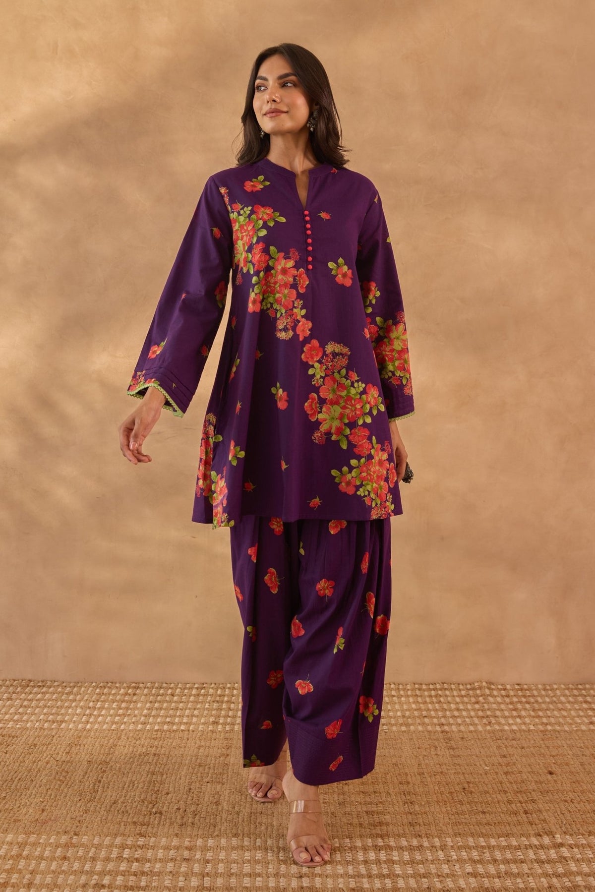 Purple Floral Farshi Salwar Coord Set - Tara - C - Tara