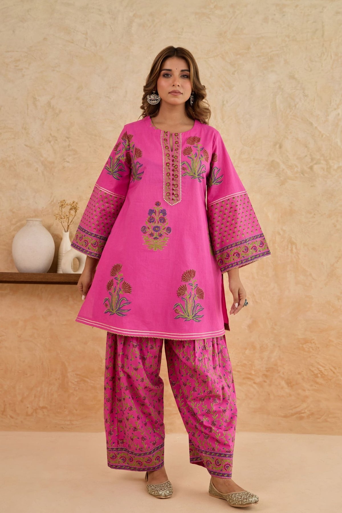 Rani Pink Floral Block Print Farsi Salwar Co-ord Set - Tara-C-Tara