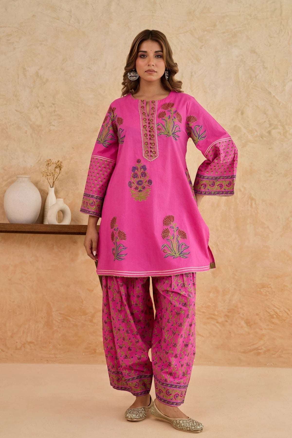 Rani Pink Floral Block Print Farsi Salwar Co-ord Set - Tara-C-Tara
