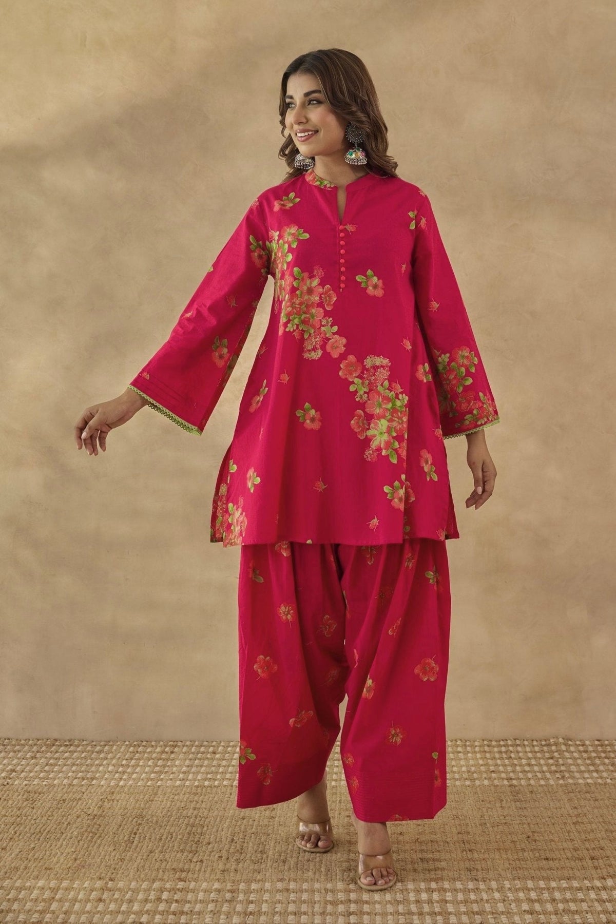 Rani Pink Floral Farshi Salwar Coord Set - Tara - C - Tara