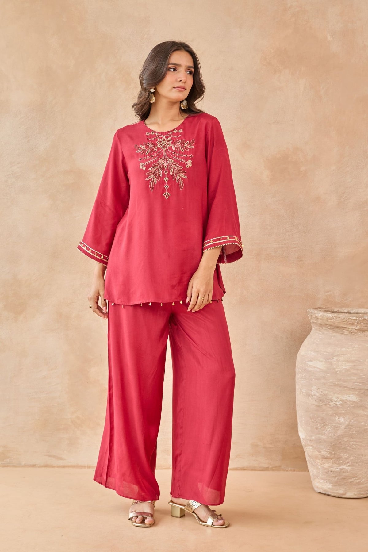 Red Coin-Tassel Embroidered Co-ord Set - Tara-C-Tara