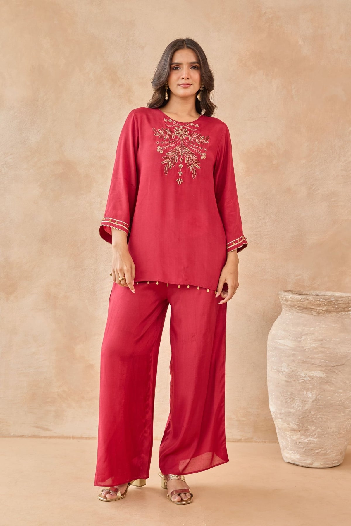 Red Coin-Tassel Embroidered Co-ord Set - Tara-C-Tara