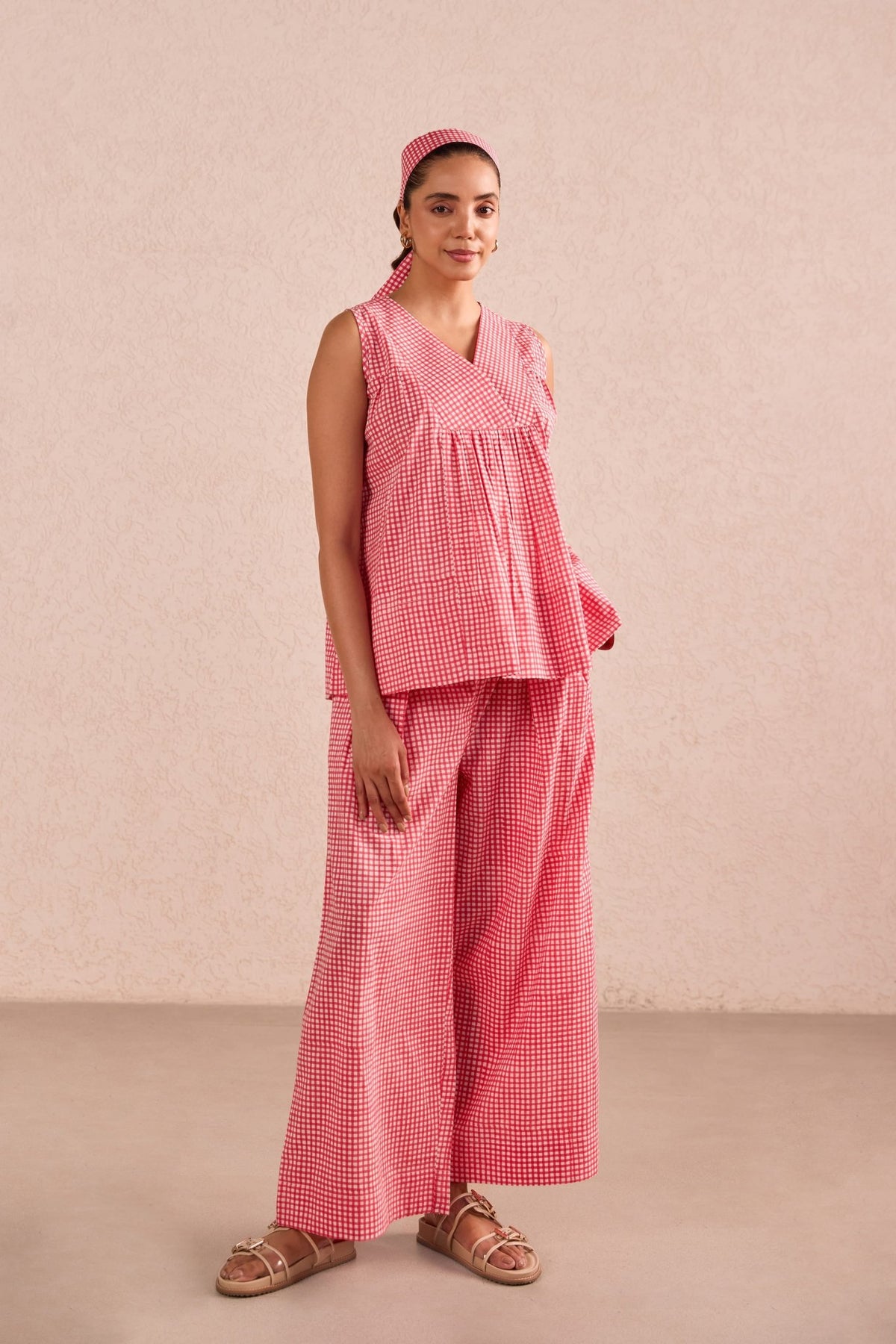 Red Gingham Check Print Sleeveless Co-ord Set - Tara-C-Tara