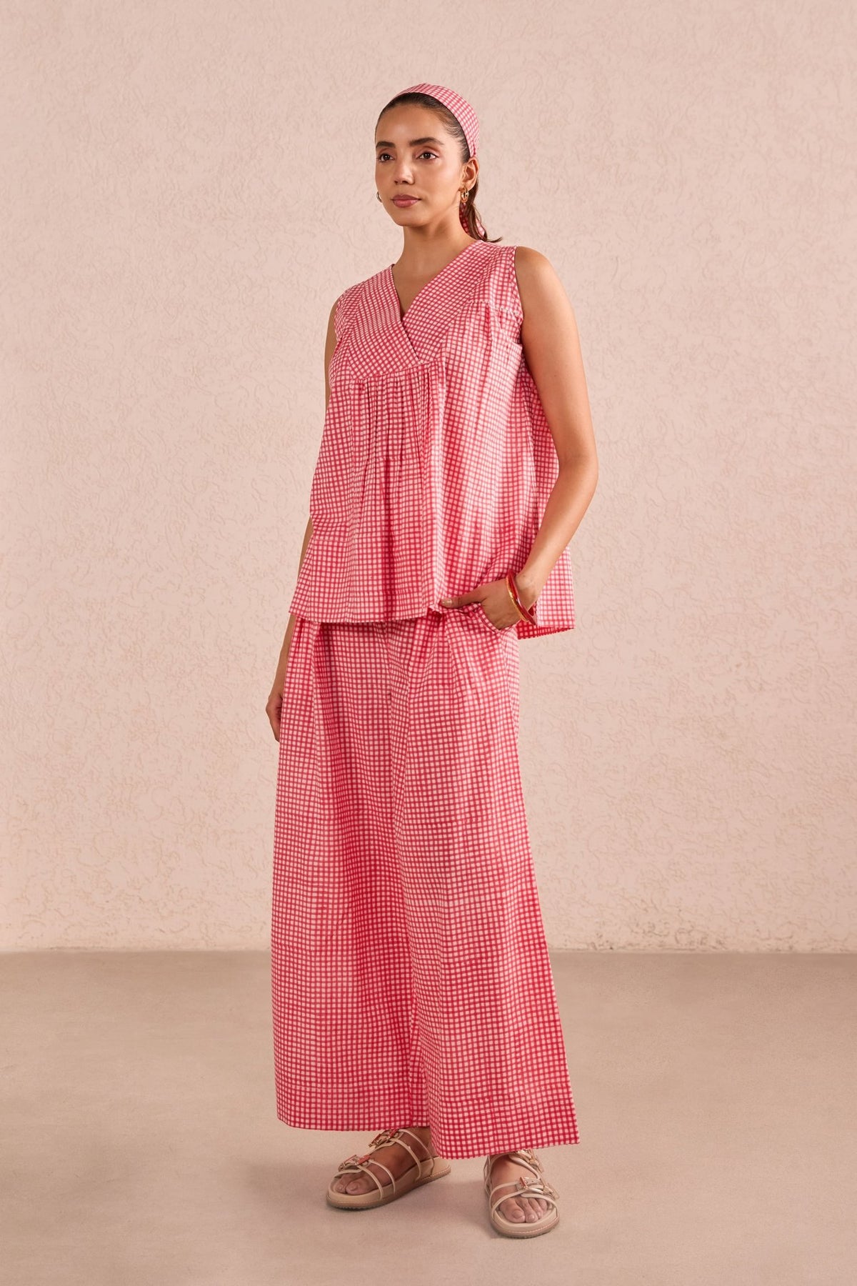 Red Gingham Check Print Sleeveless Co-ord Set - Tara-C-Tara