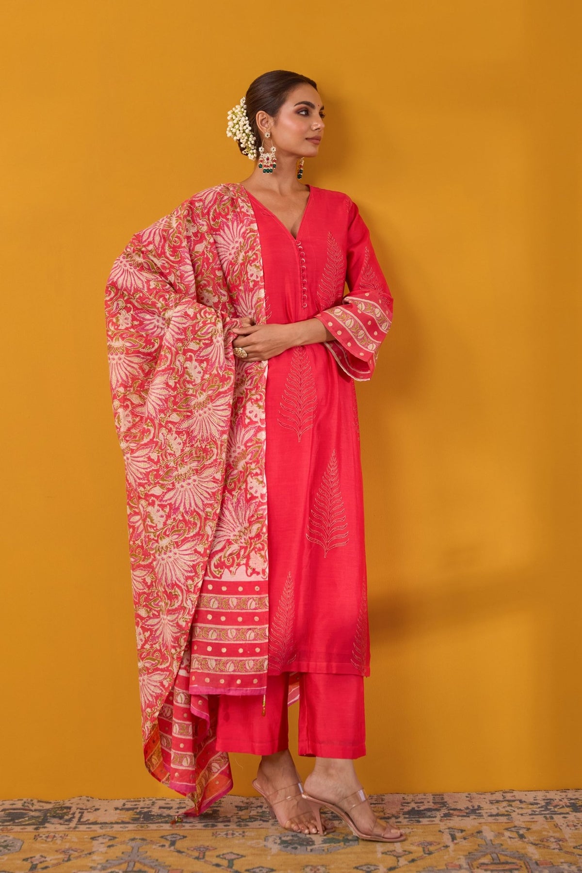 Red Hand Block Printed Chanderi Kurta Set With Dupatta - Tara - C - Tara