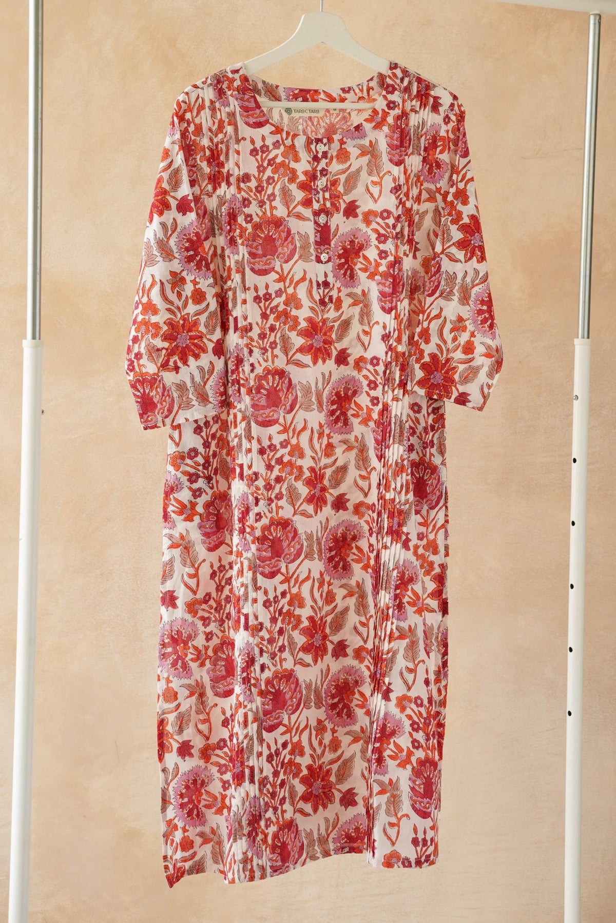 Red & Orange Floral Hand Block Print Pintuck Kurta - Tara - C - Tara