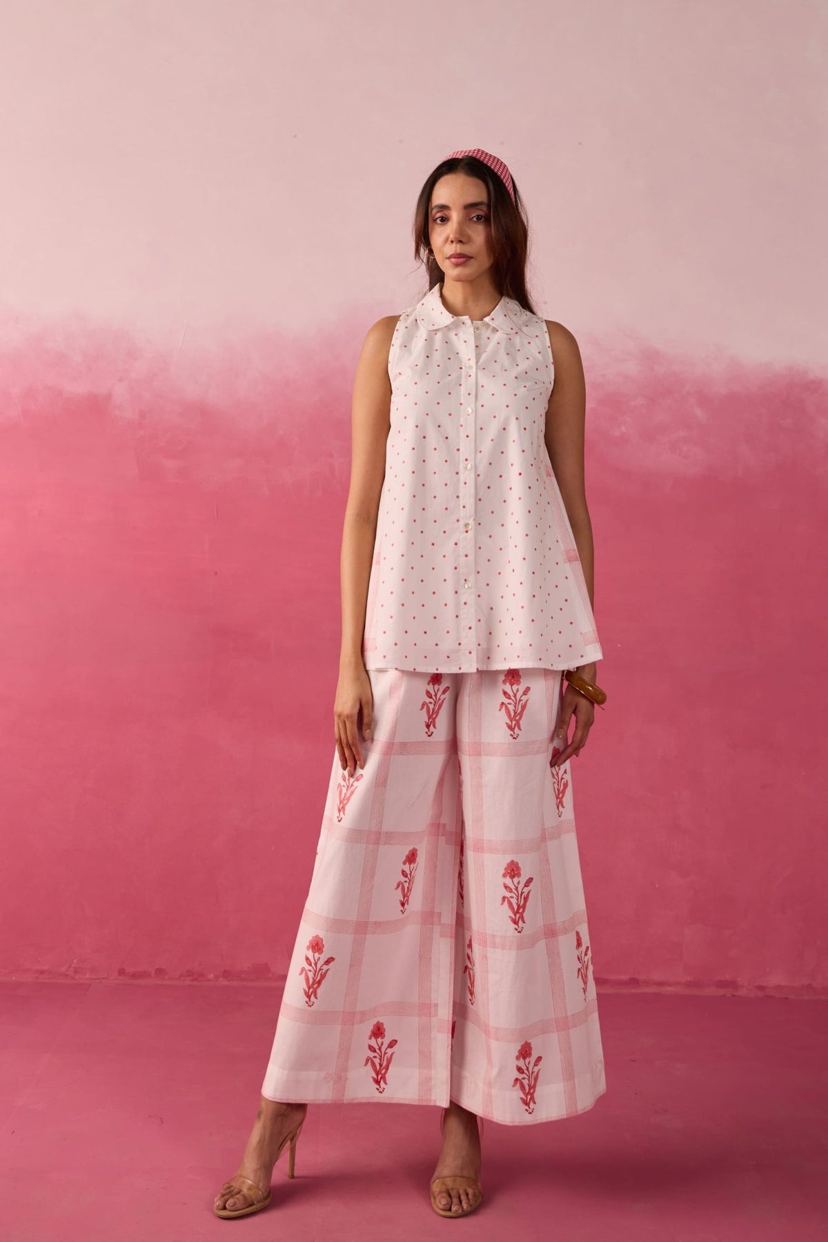 Red Polka Dot & Floral Check Sleeveless Hand Block Printed Co-ord Set - Tara-C-Tara