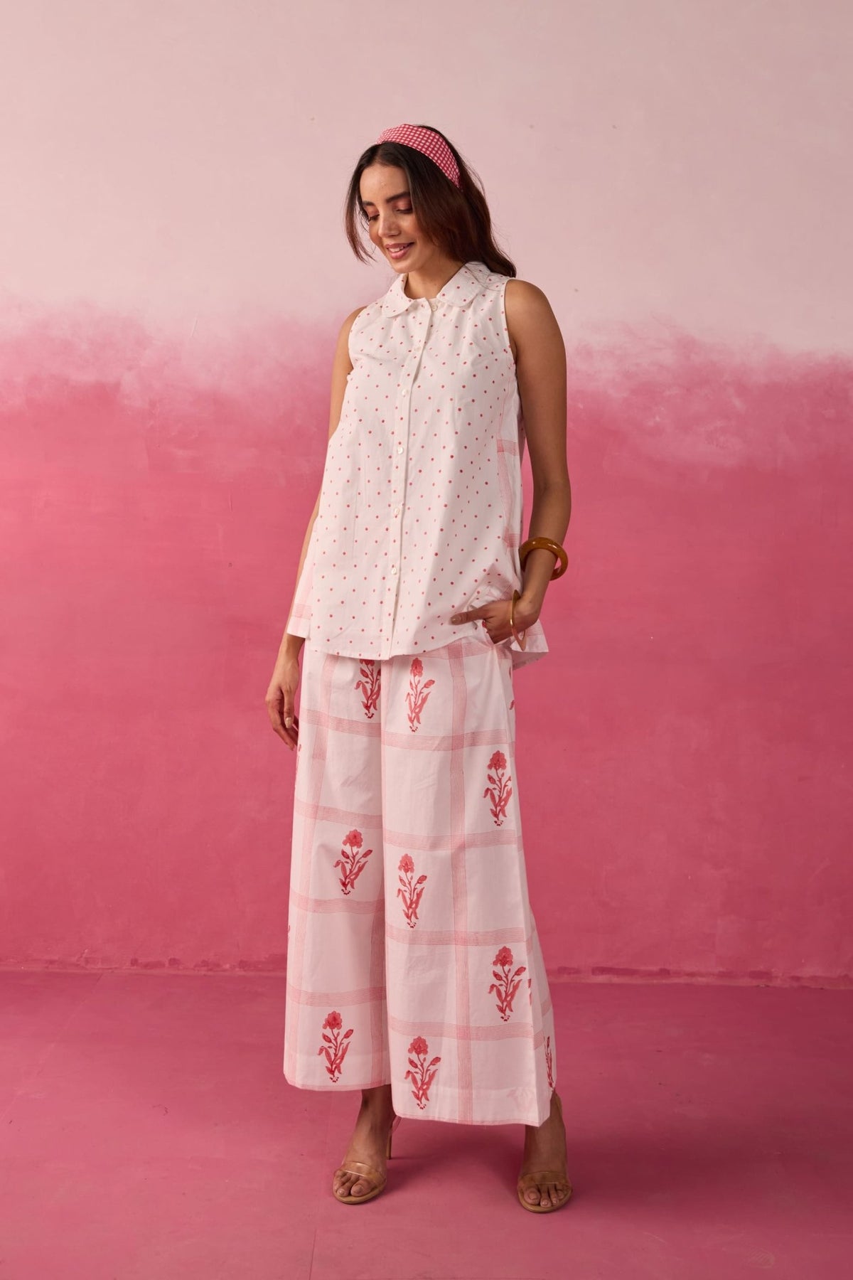 Red Polka Dot & Floral Check Sleeveless Hand Block Printed Co-ord Set - Tara-C-Tara
