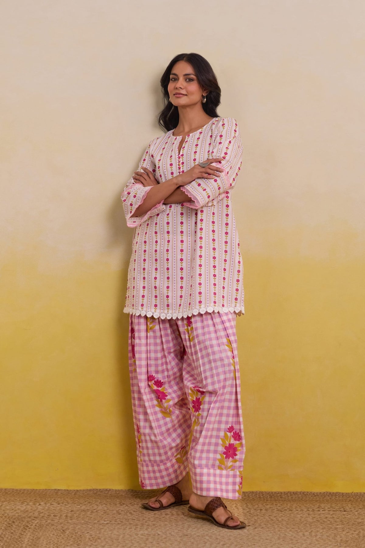 Rose Garden Botanical Stripe Scalloped Co - ord Set - Tara - C - Tara