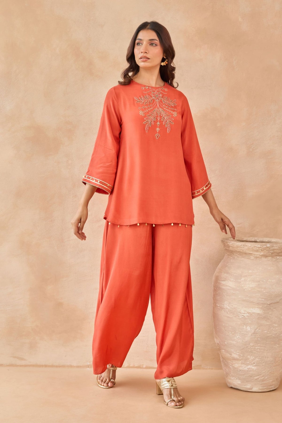 Rust Coin-Tassel Embroidered Co-ord Set - Tara-C-Tara