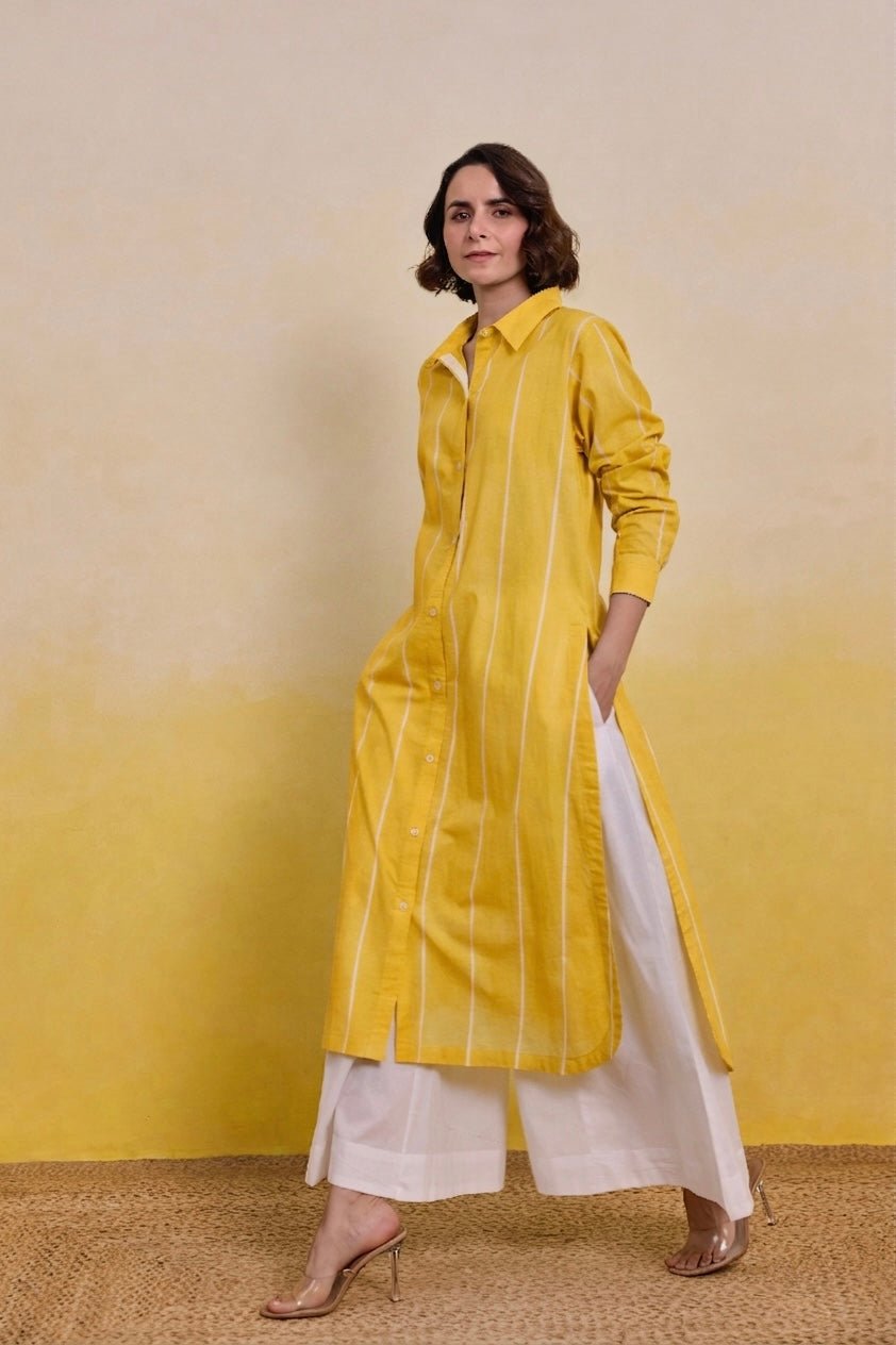 Sunshine Yellow Striped Shirt Kurti with White Palazzo Co - ord Set - Tara - C - Tara