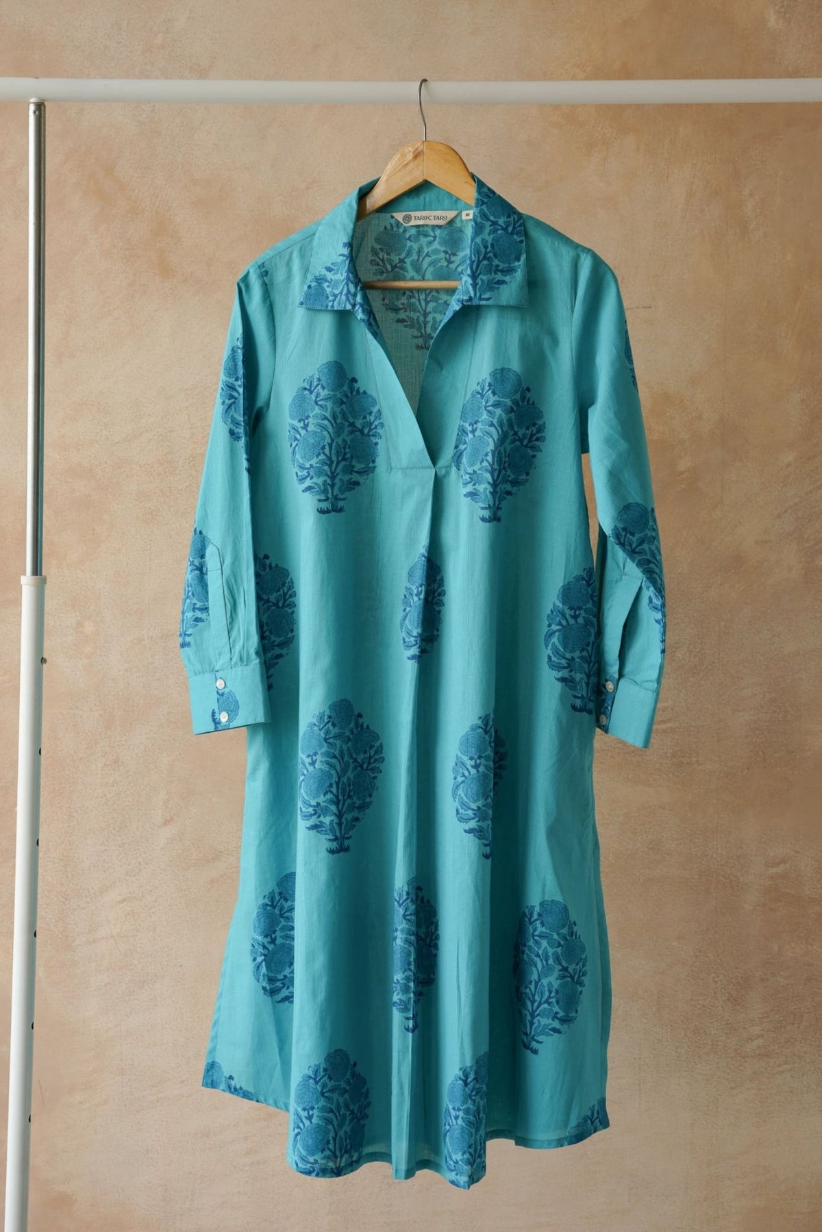 Teal Blue Floral Hand Block Printed Kurta - Tara - C - Tara