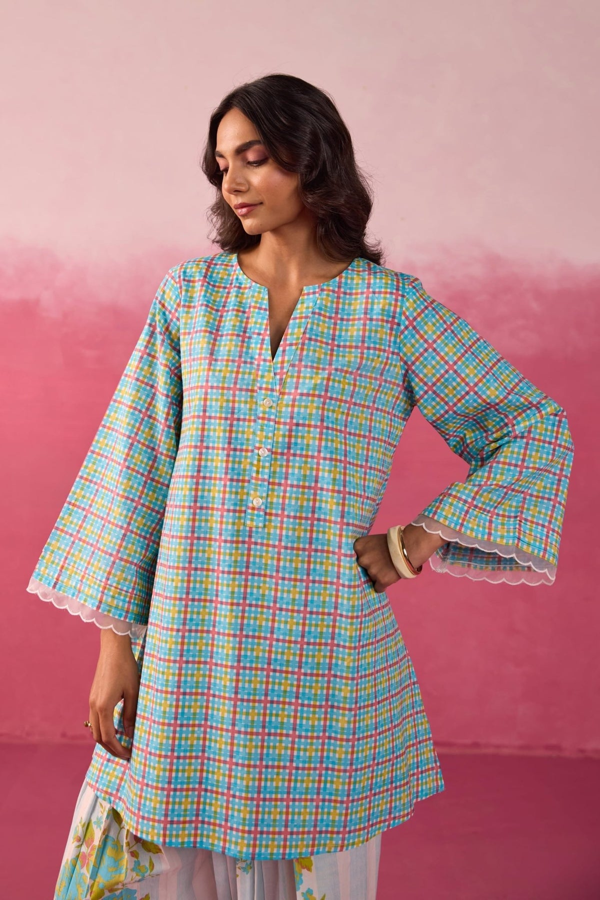 Turquoise Checks & Floral Printed Farsi Salwar Co - ord Set - Tara - C - Tara
