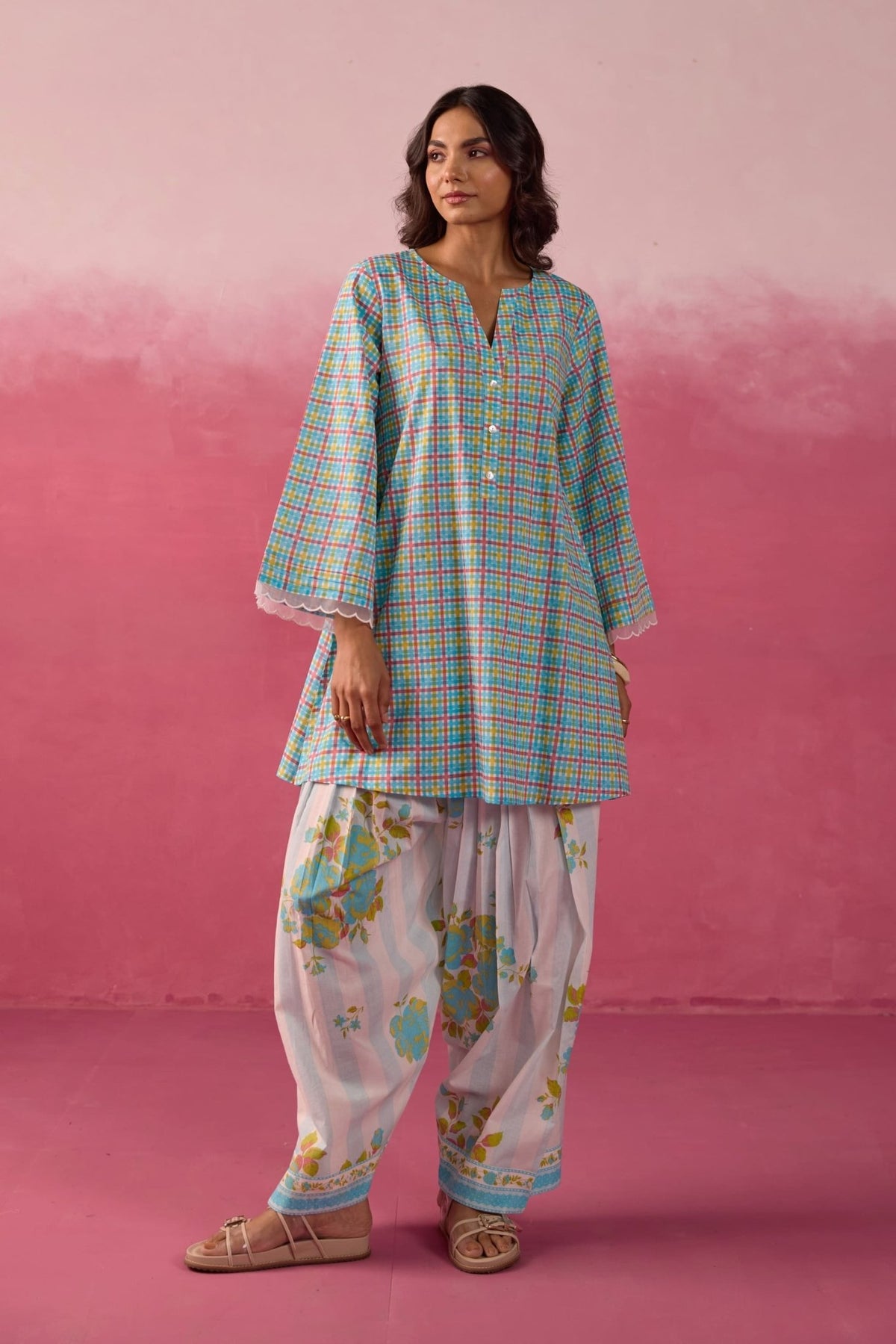 Turquoise Checks & Floral Printed Farsi Salwar Co - ord Set - Tara - C - Tara