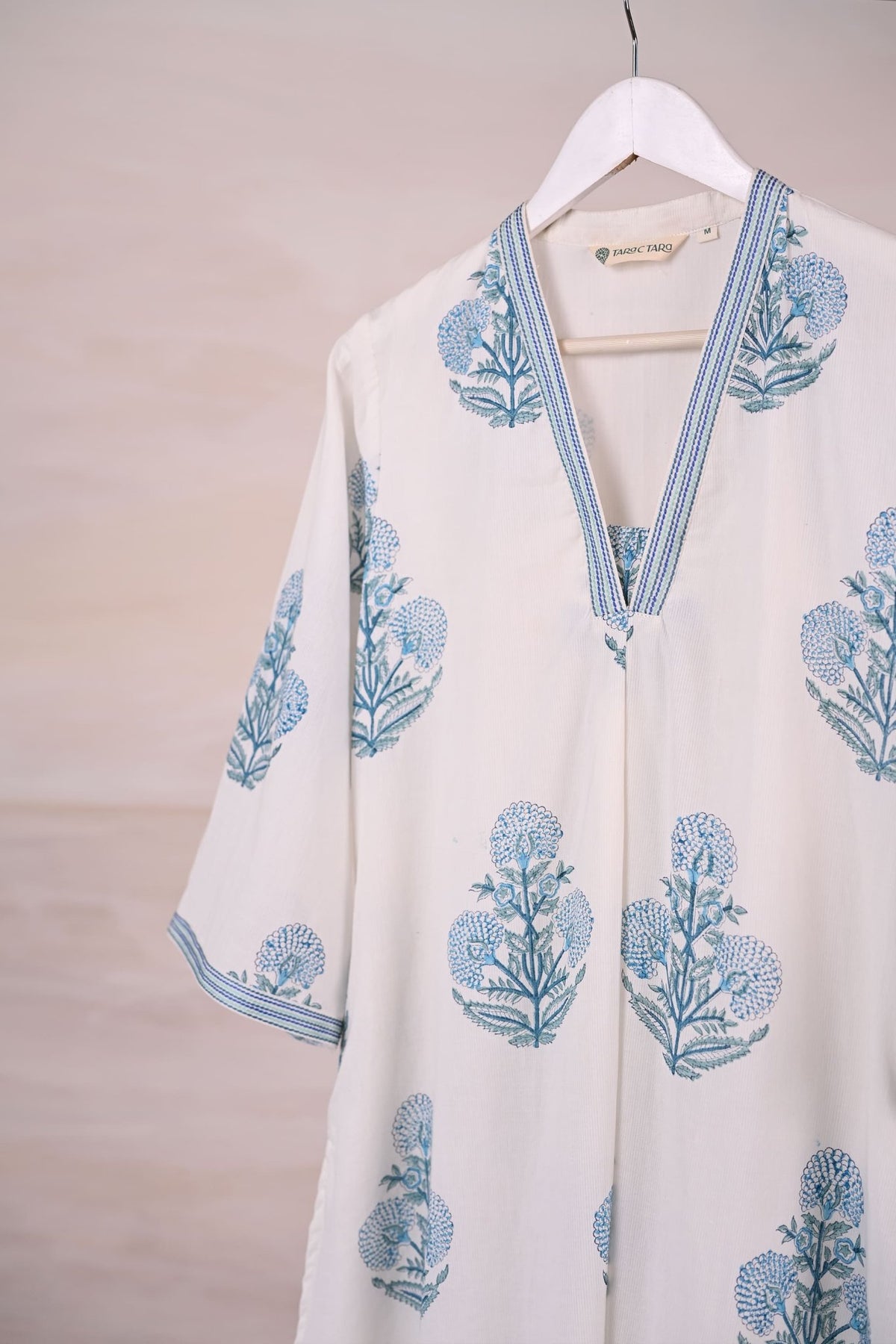 White Block Print Cotton Kurta - Tara - C - Tara