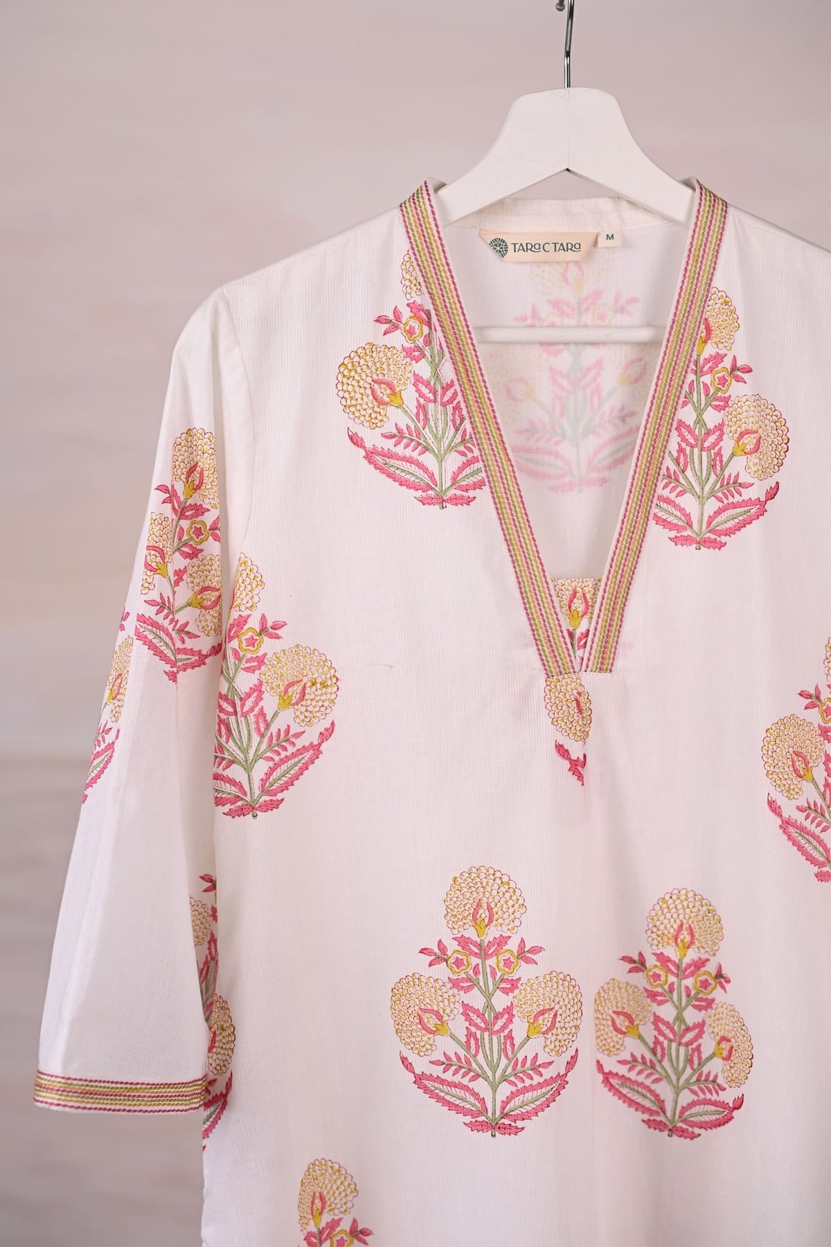 White Block Print Cotton Kurta - Tara - C - Tara