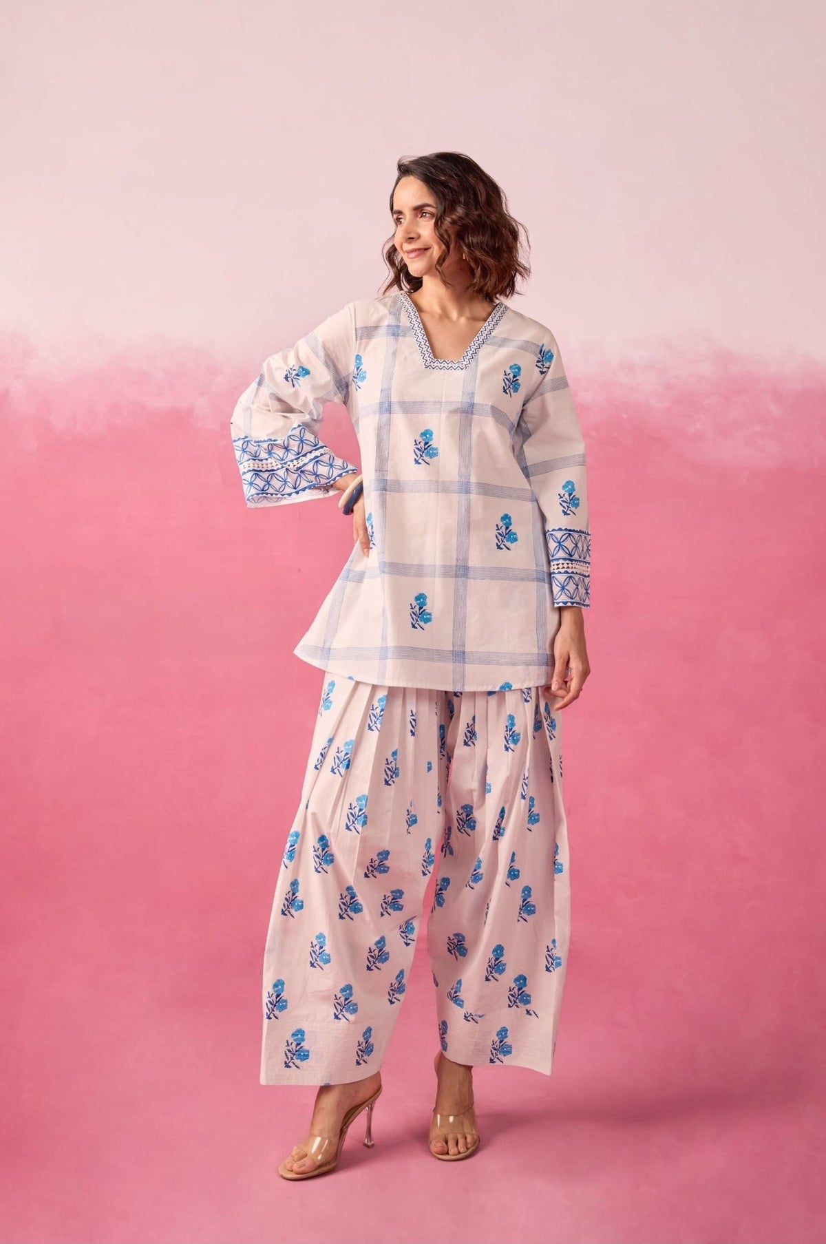 White & Blue Check Floral Hand Block Printed Co-ord Set - Tara-C-Tara
