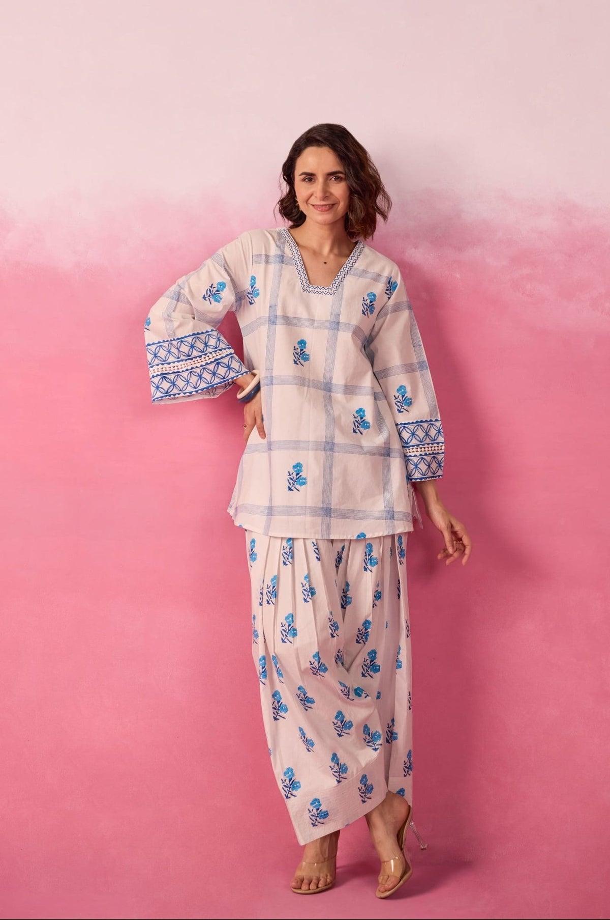 White & Blue Check Floral Hand Block Printed Co-ord Set - Tara-C-Tara