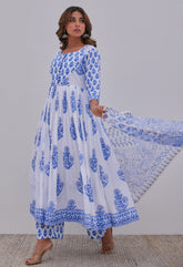 White Blue Hand Block Printed Anarkali kurta Set - Tara - C - Tara