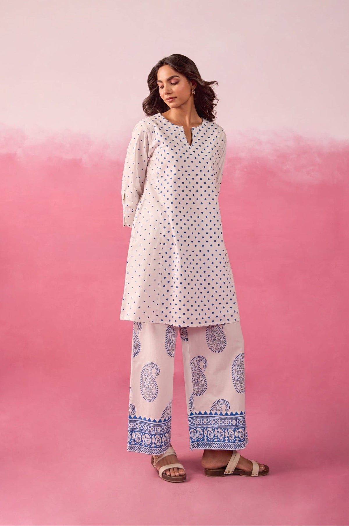 White & Blue Polka Dot & Paisley Hand Block Printed Co-ord Set - Tara-C-Tara