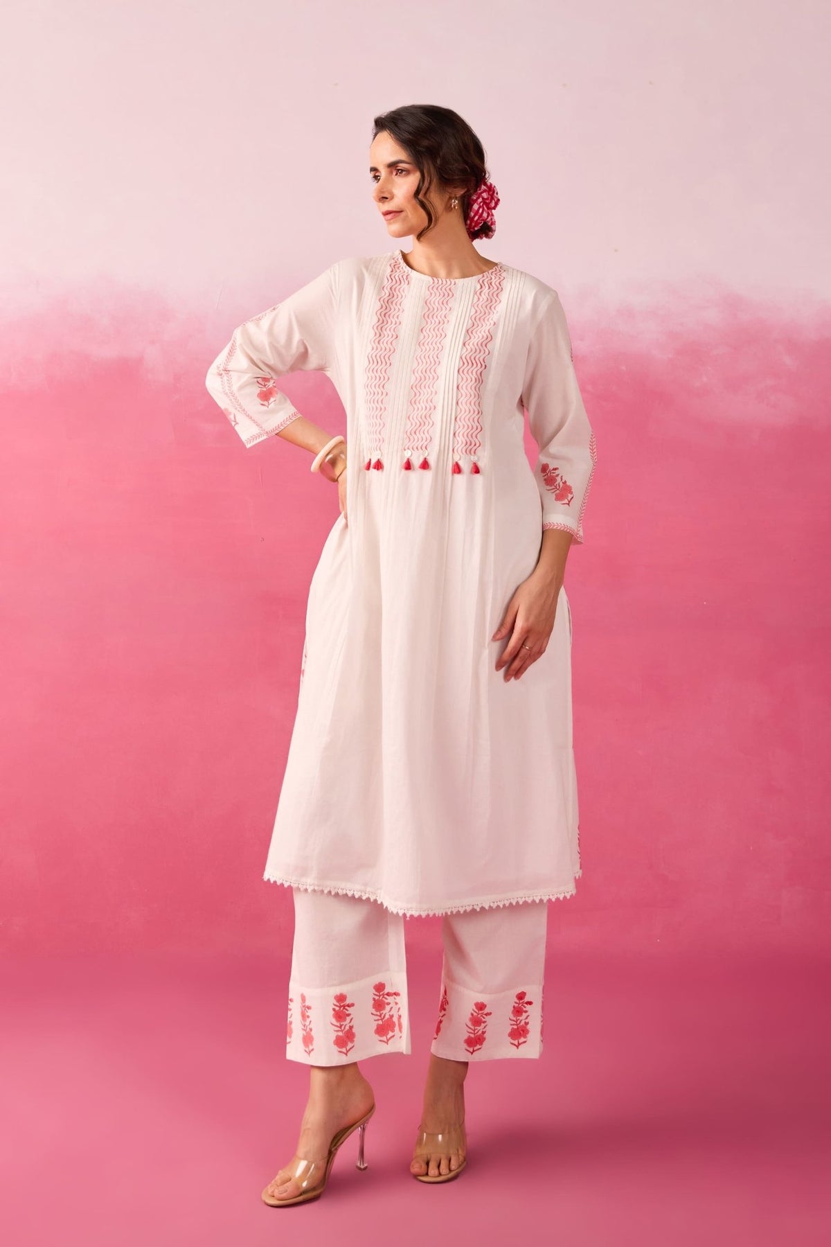 White & Coral Pink Hand Block Print Pintuck Co-ord Set - Tara-C-Tara