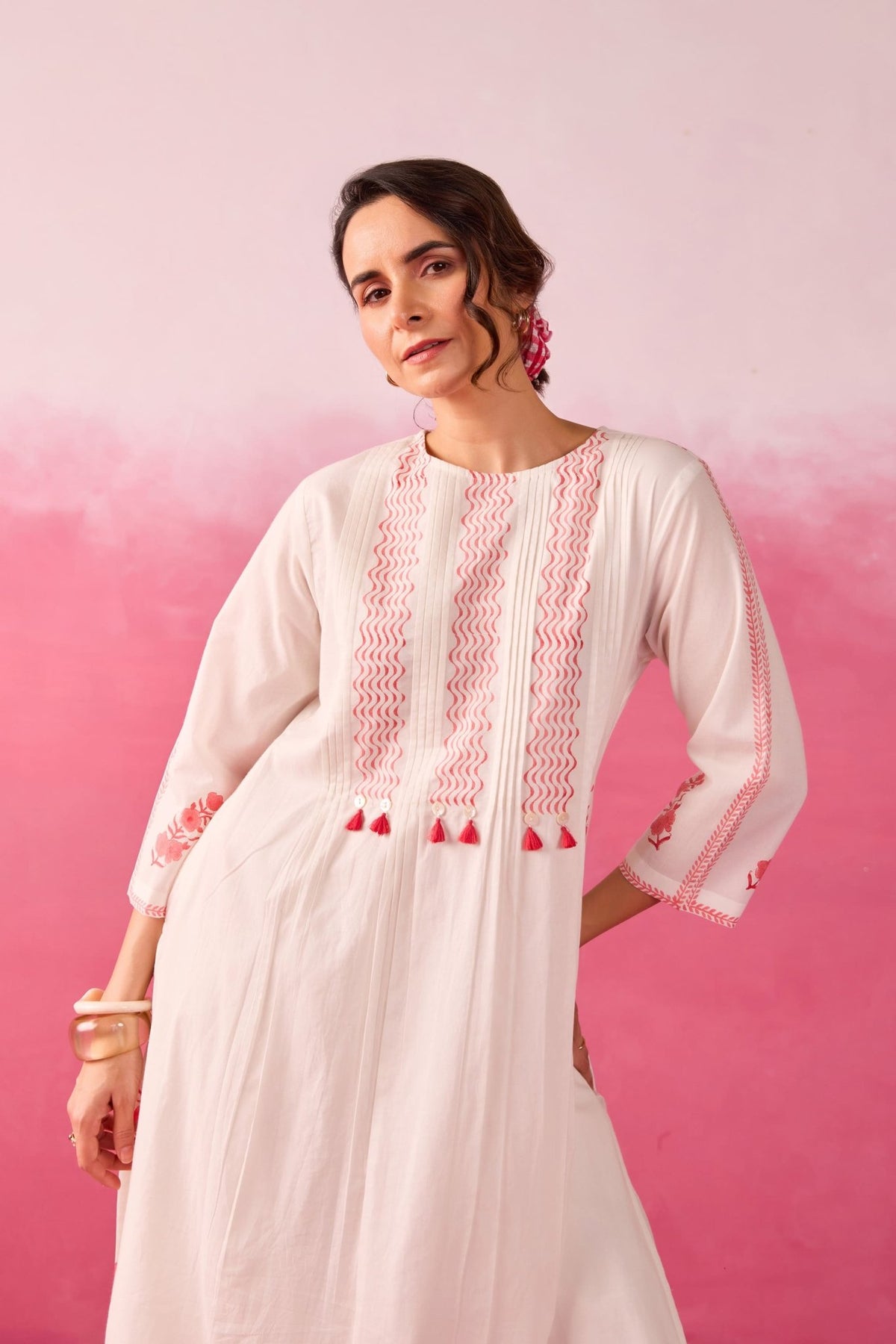White & Coral Pink Hand Block Print Pintuck Co-ord Set - Tara-C-Tara