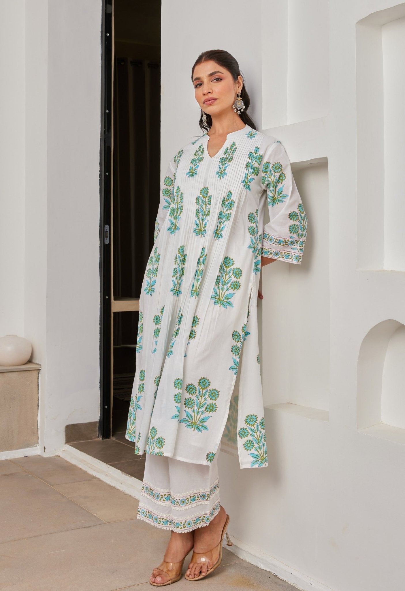 White Cotton hand Block Printed Coord Set - Tara - C - Tara