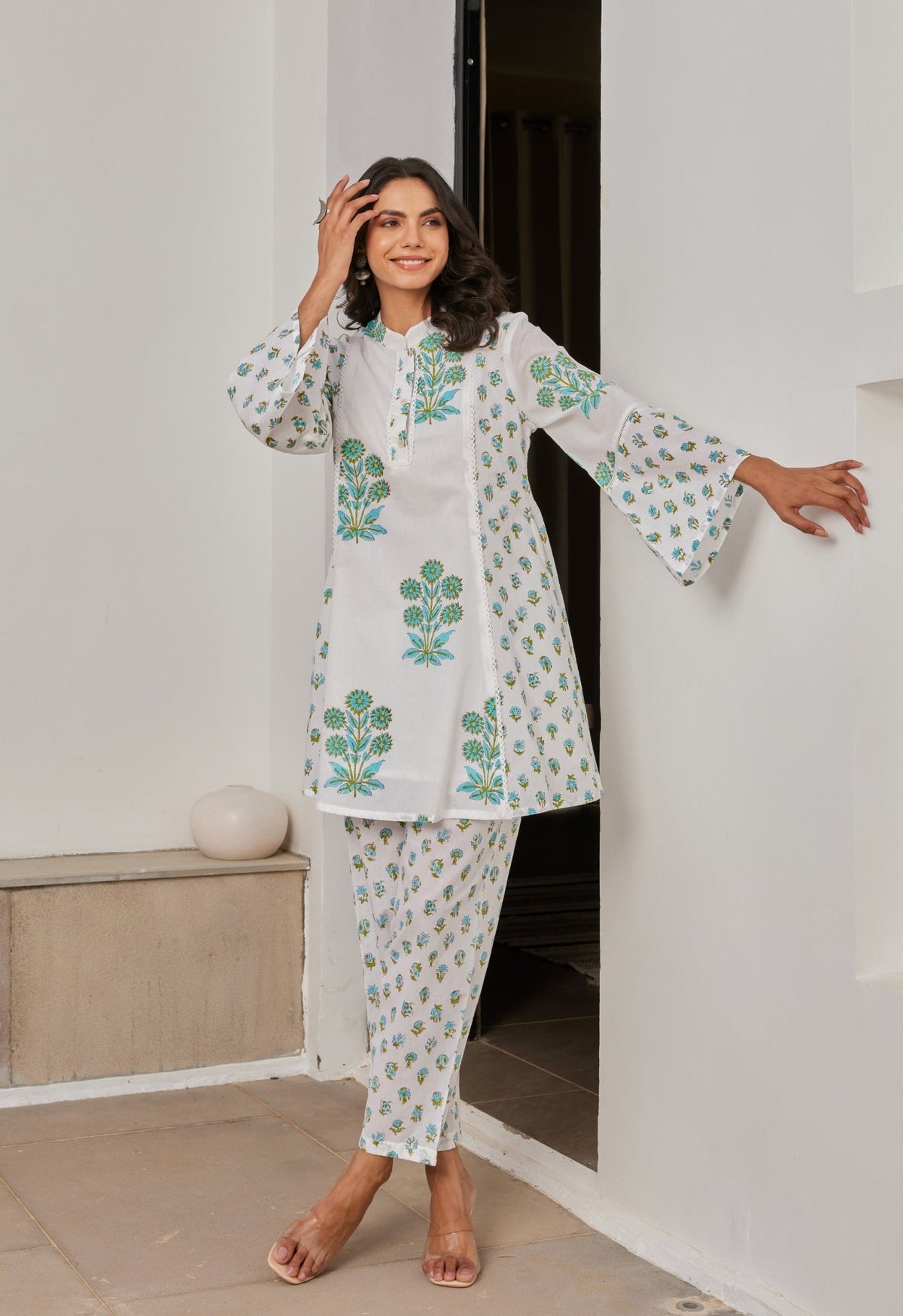 White Cotton Hand Block Printed Coord Set - Tara - C - Tara