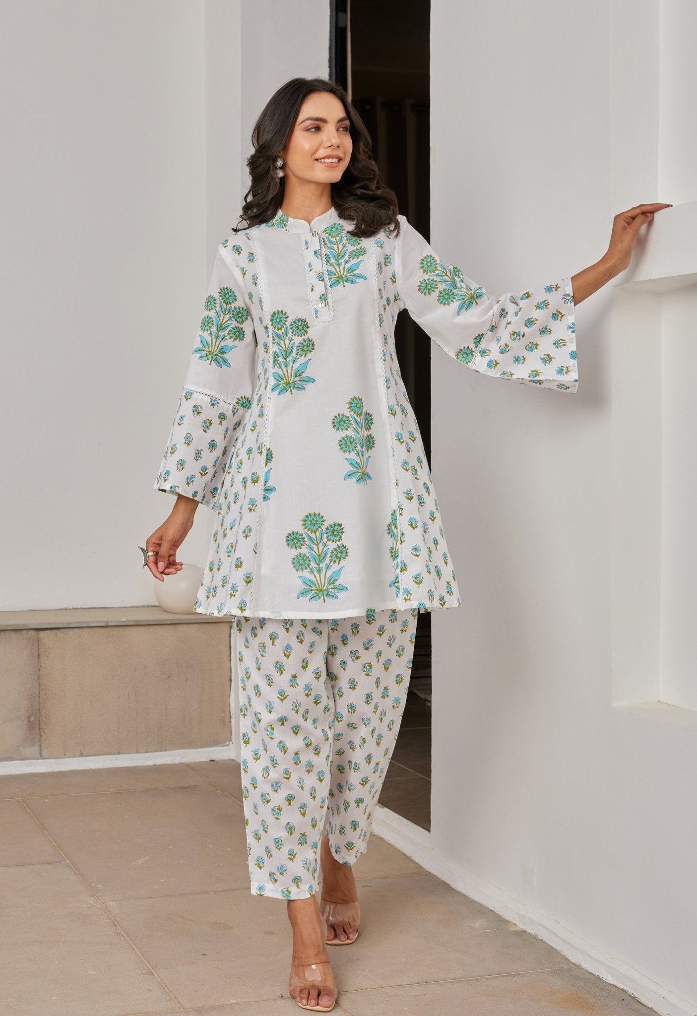 White Cotton Hand Block Printed Coord Set - Tara - C - Tara