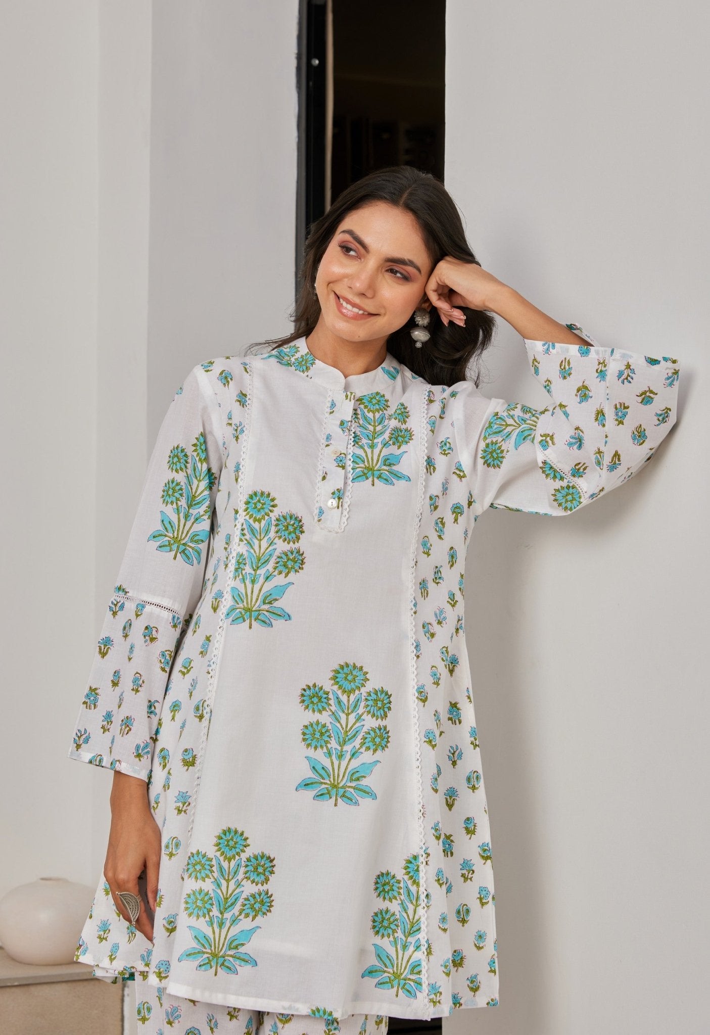 White Cotton Hand Block Printed Coord Set - Tara - C - Tara