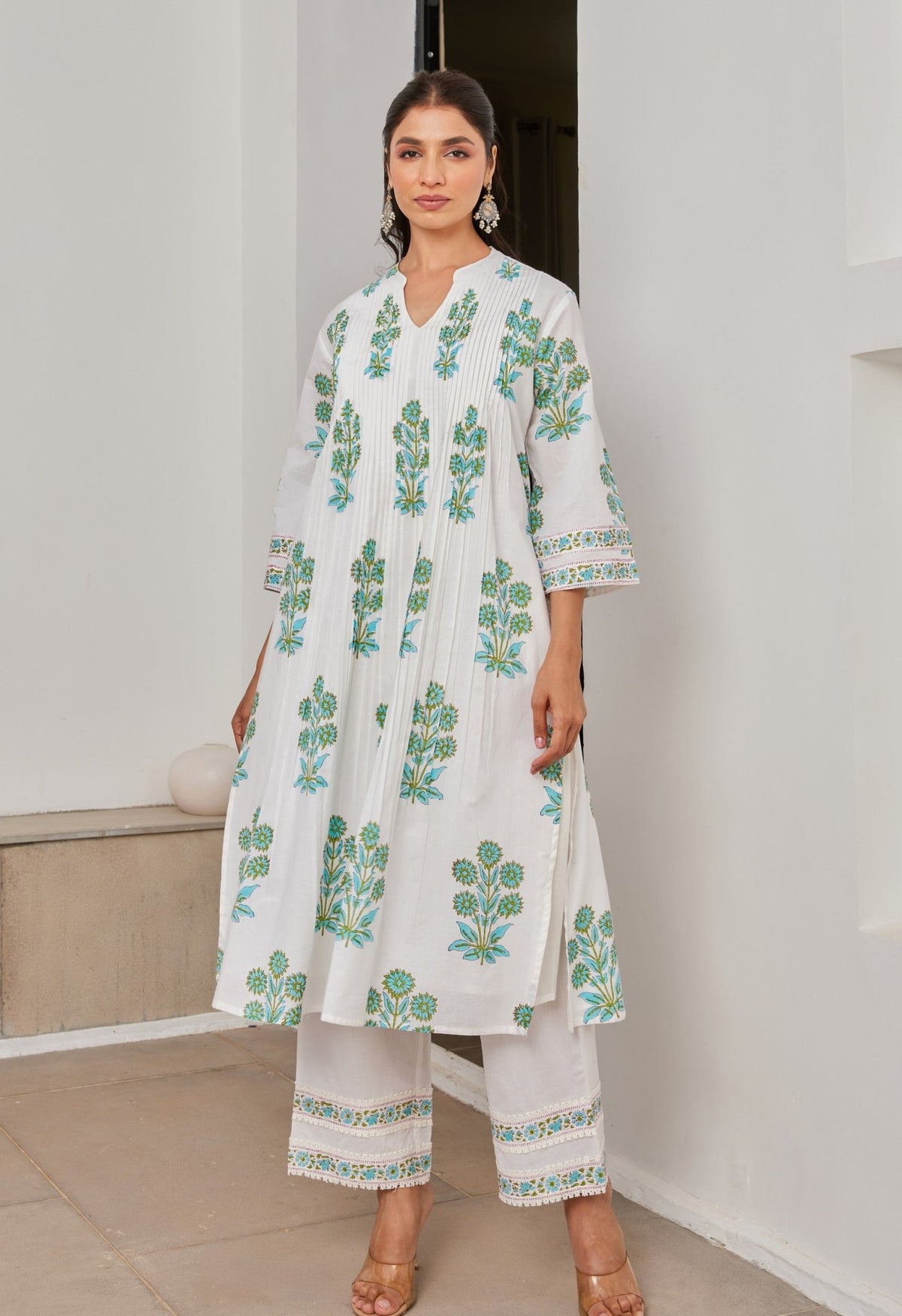 White Cotton hand Block Printed Coord Set - Tara - C - Tara