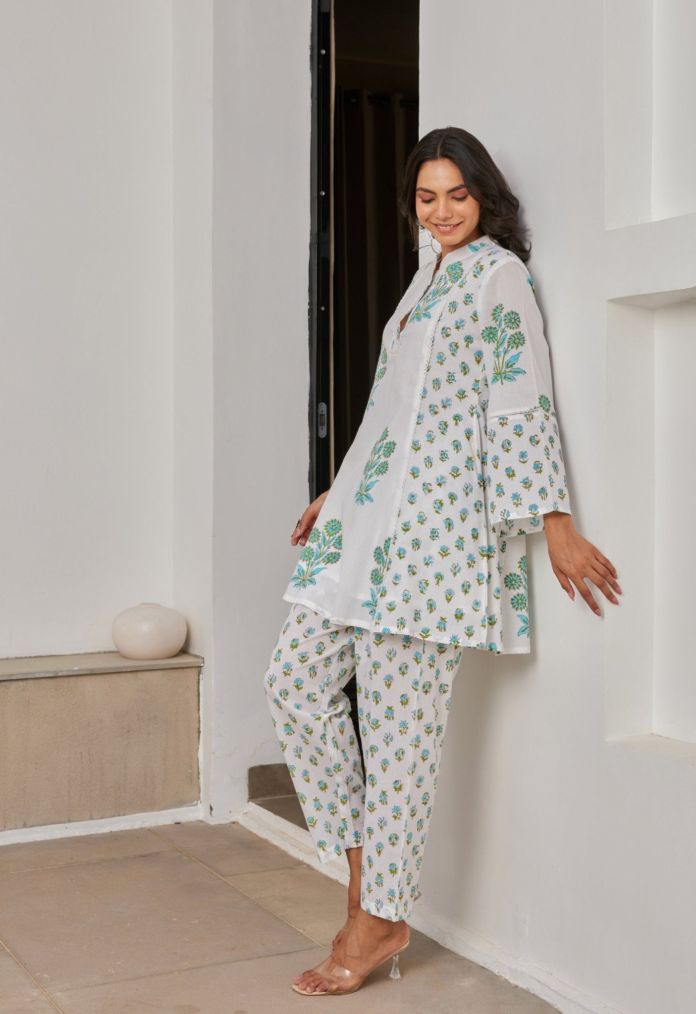 White Cotton Hand Block Printed Coord Set - Tara - C - Tara
