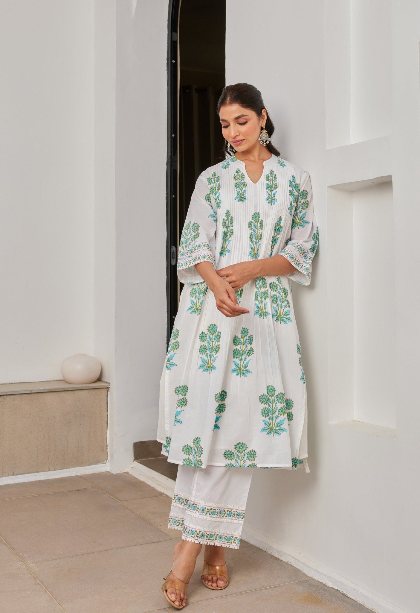 White Cotton hand Block Printed Coord Set - Tara - C - Tara