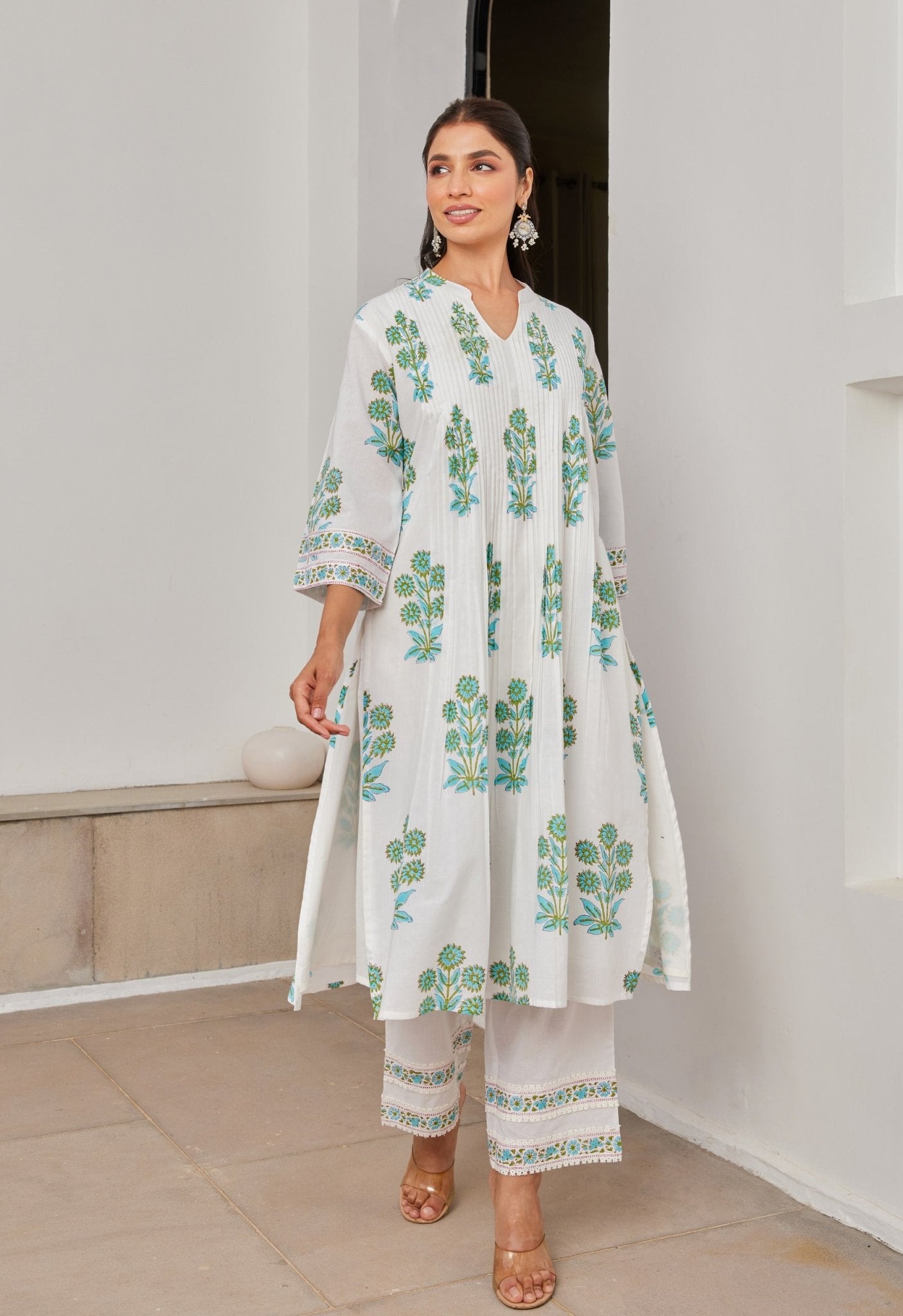 White Cotton hand Block Printed Coord Set - Tara - C - Tara