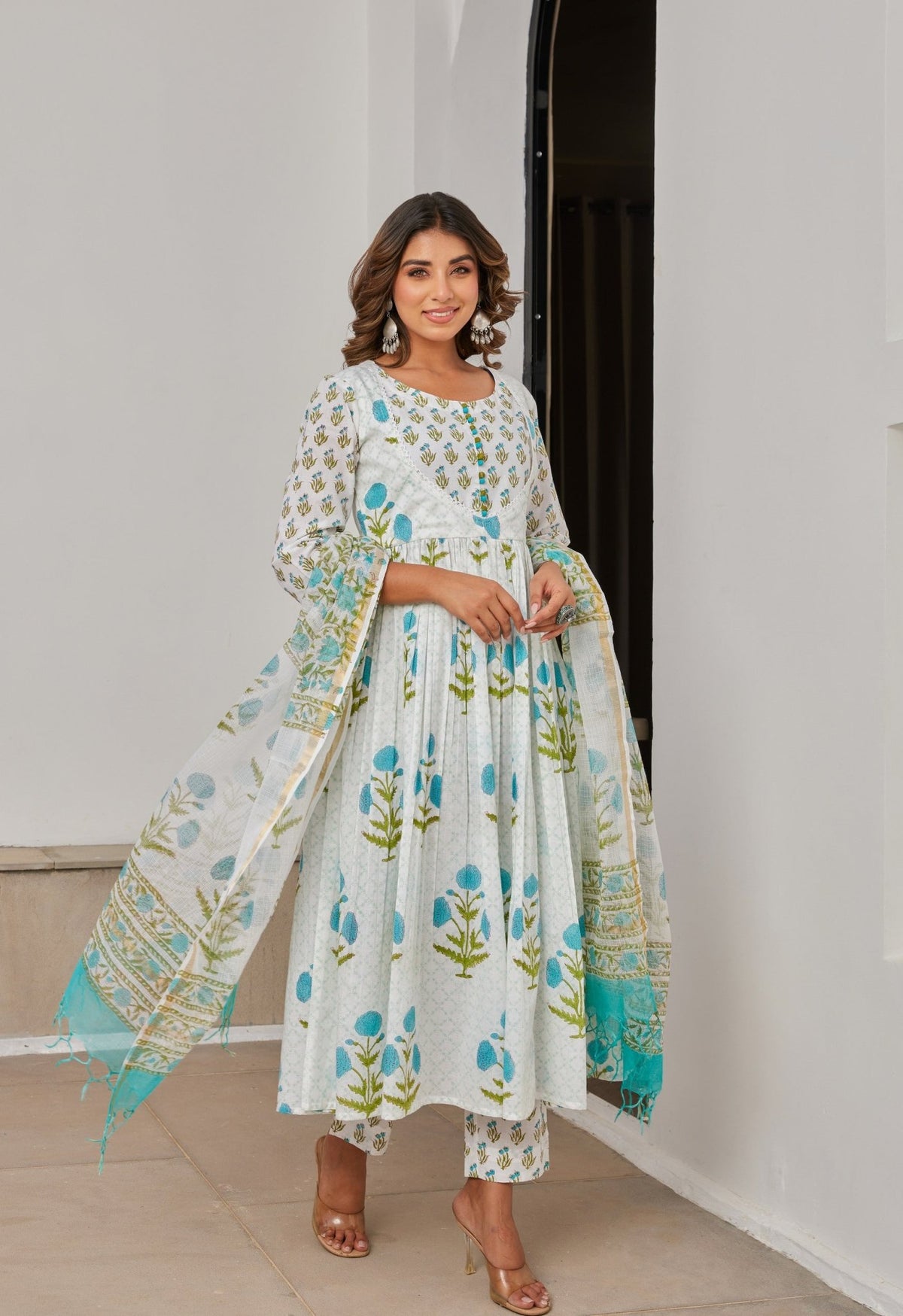 White Cotton Hand Block Printed Suit Set With Dupatta - Tara - C - Tara