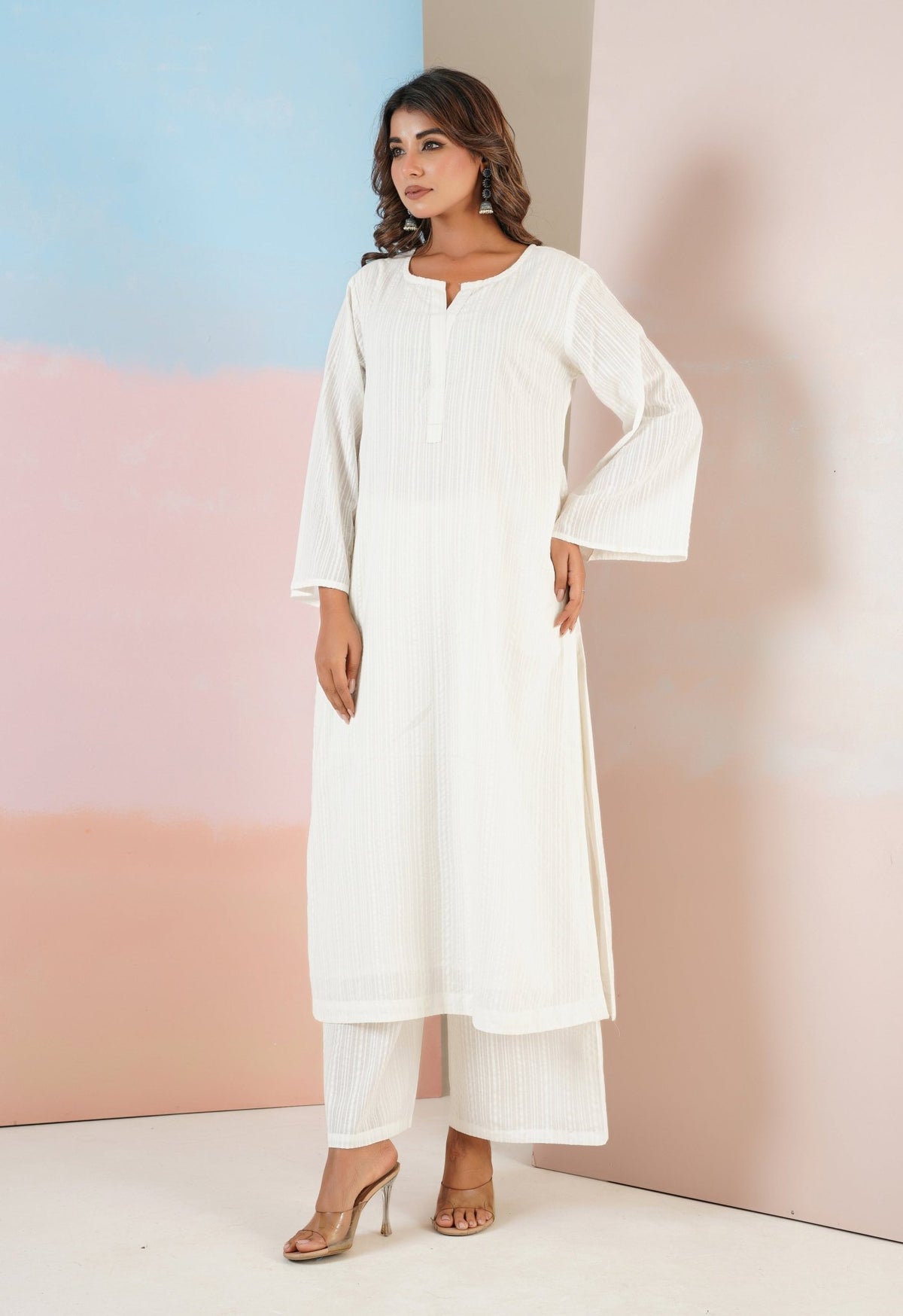 White Cotton Self Stripped Coord Set - Tara - C - Tara