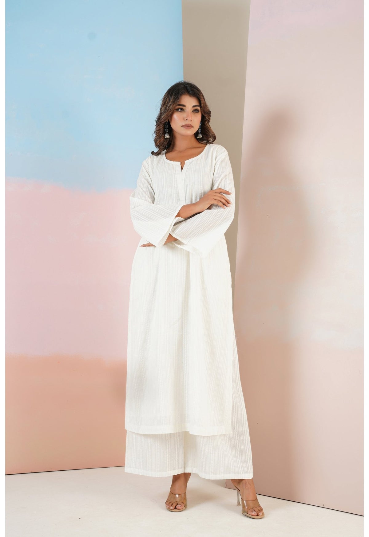 White Cotton Self Stripped Coord Set - Tara - C - Tara