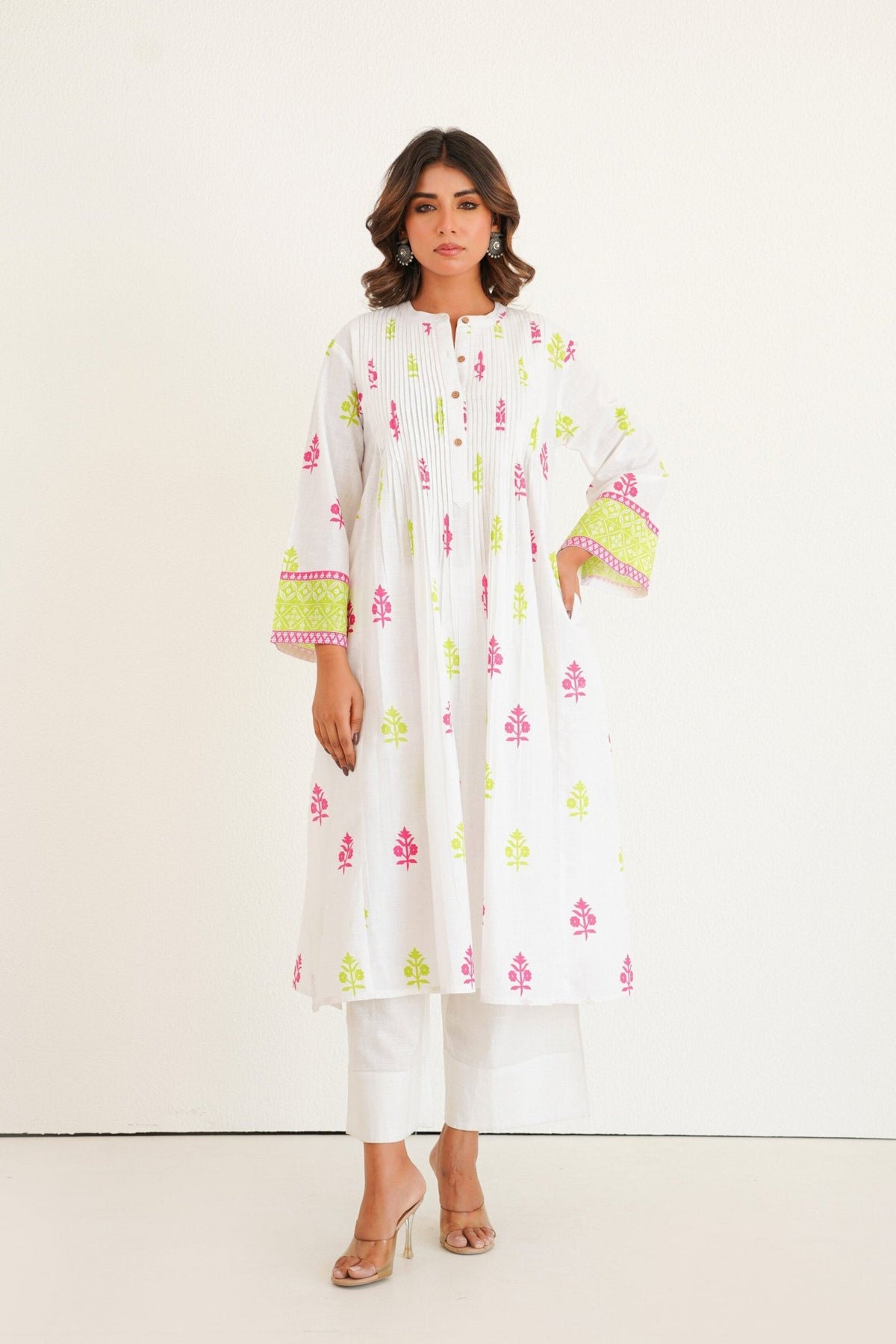 White Cotton Slub Buti Print Kurta Set with Culottes - Tara - C - Tara