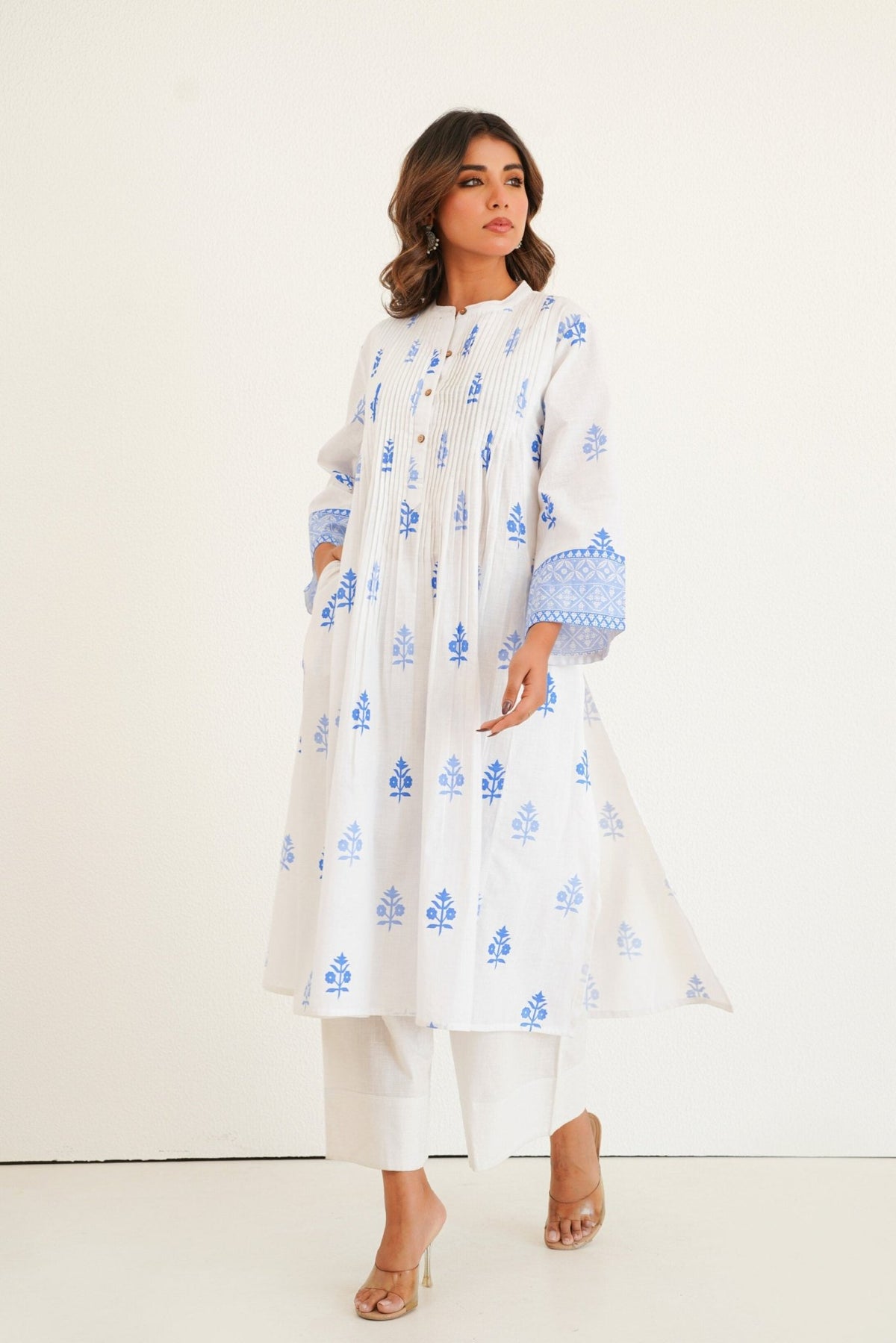 White Cotton Slub Buti Print Kurta Set with Culottes - Tara - C - Tara