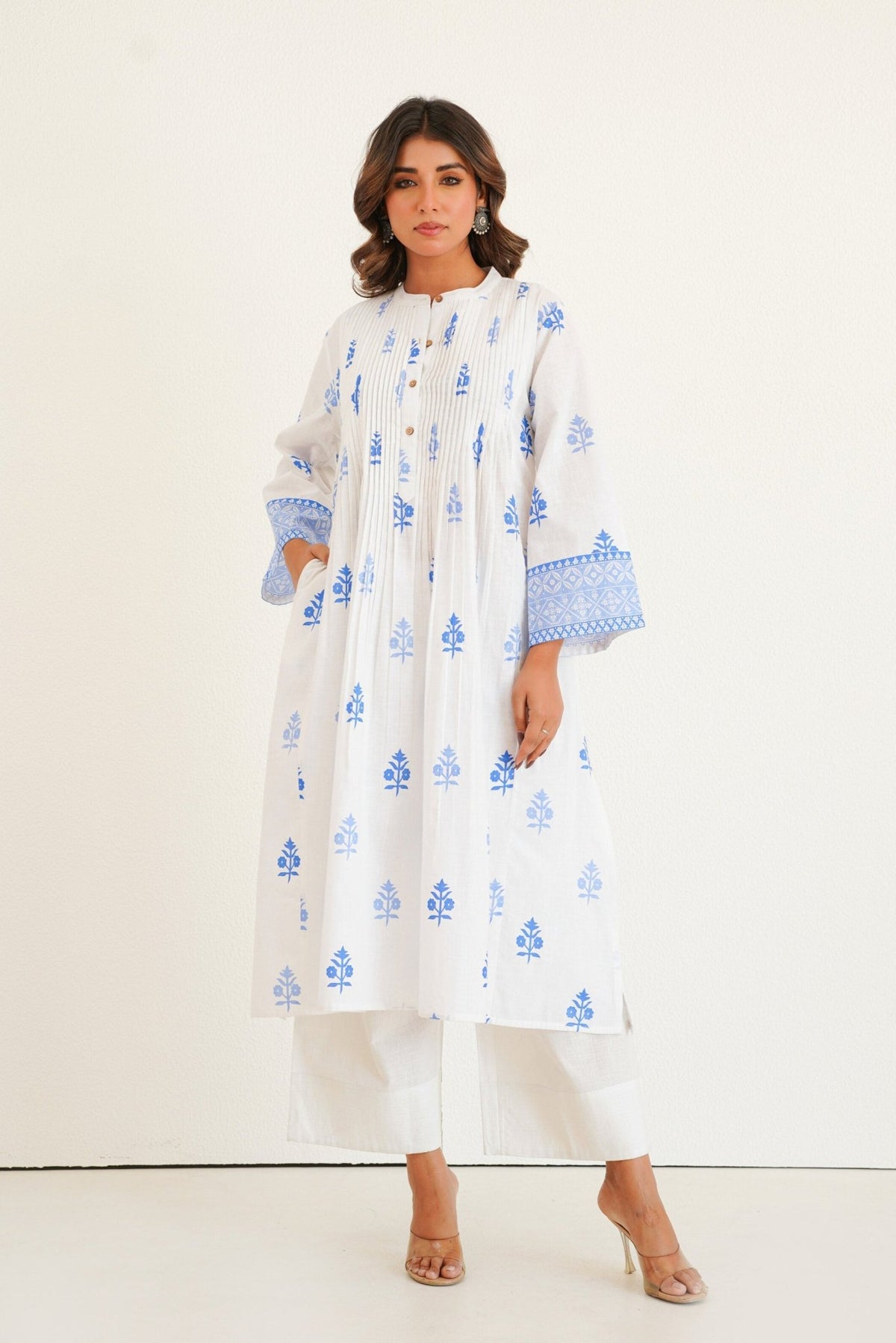 White Cotton Slub Buti Print Kurta Set with Culottes - Tara - C - Tara