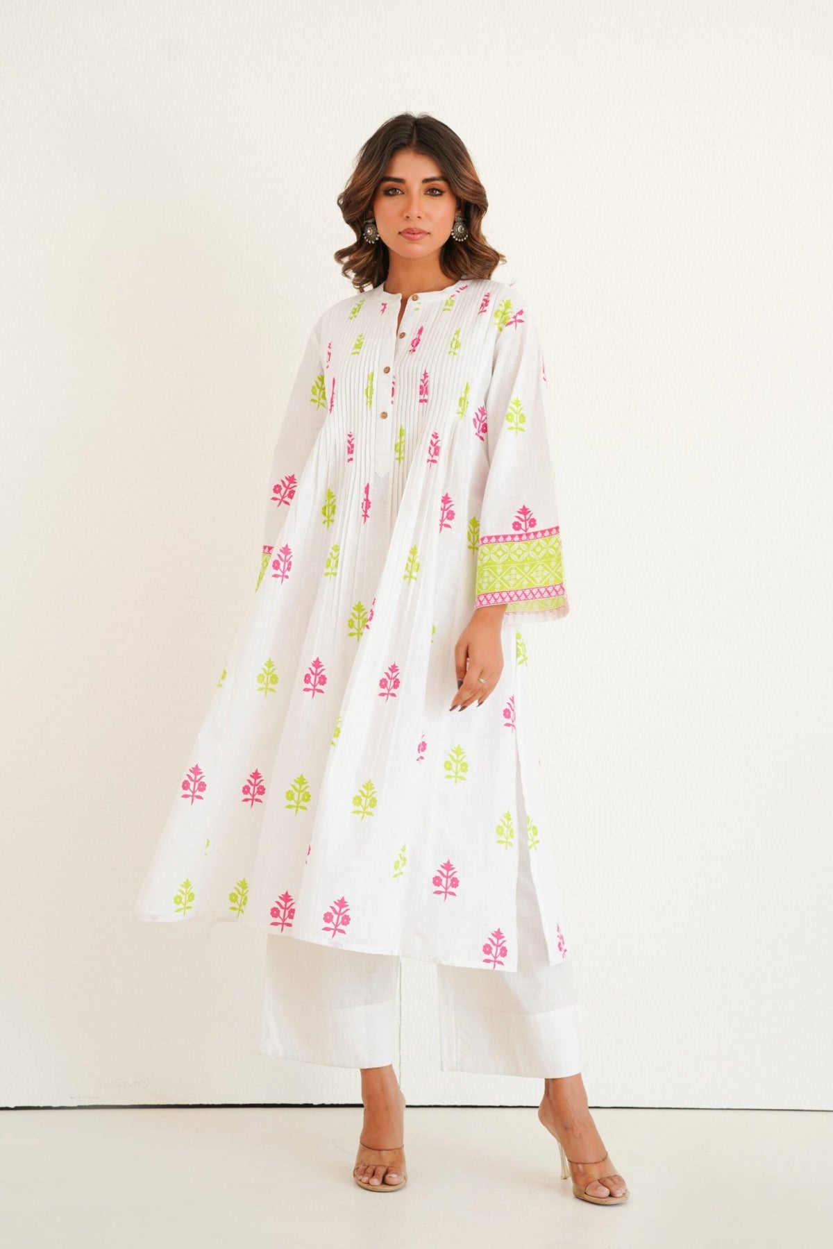 White Cotton Slub Buti Print Kurta Set with Culottes - Tara - C - Tara