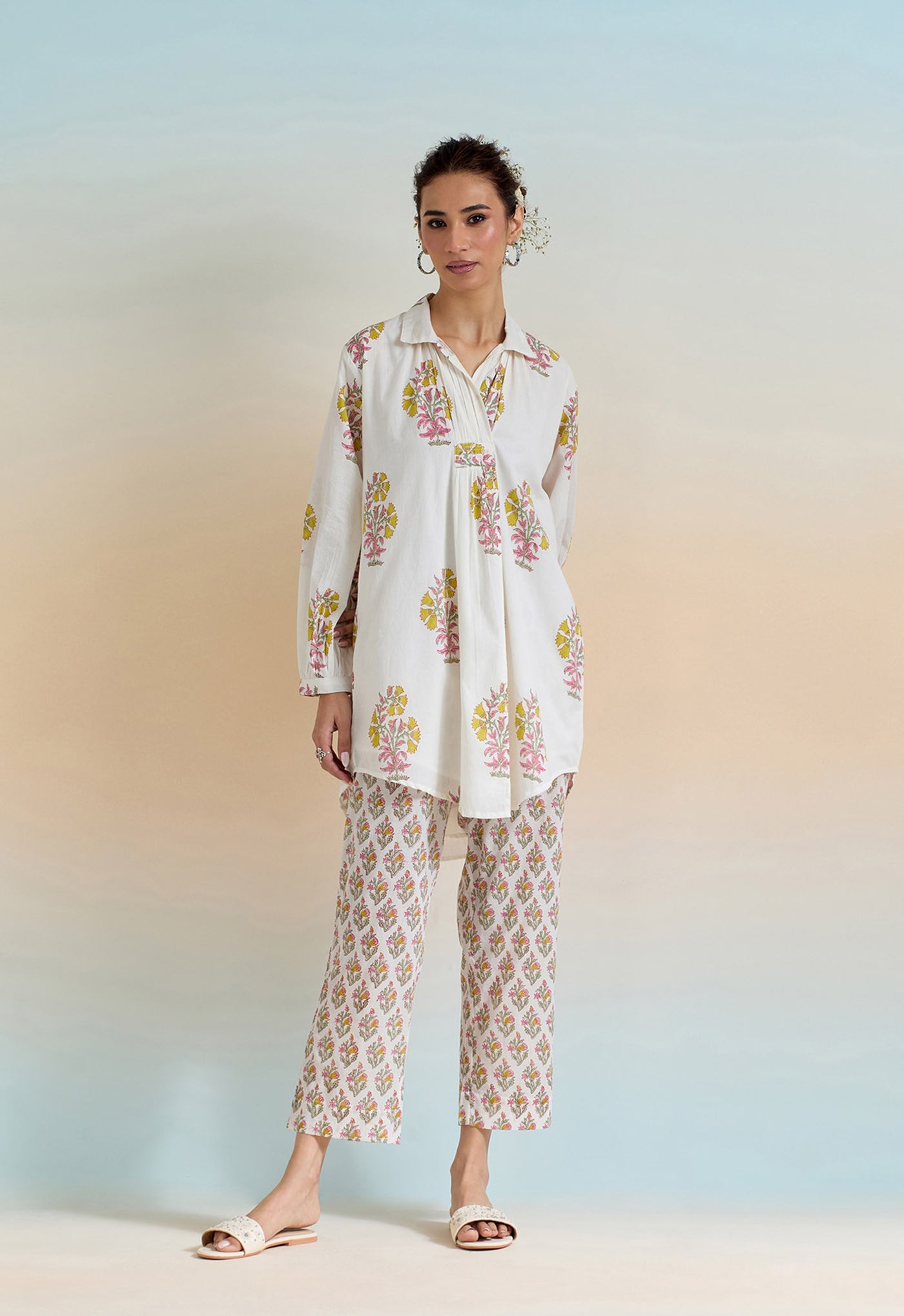 Sonali - floral silhouette handblock printed cotton coord set in grey colour
