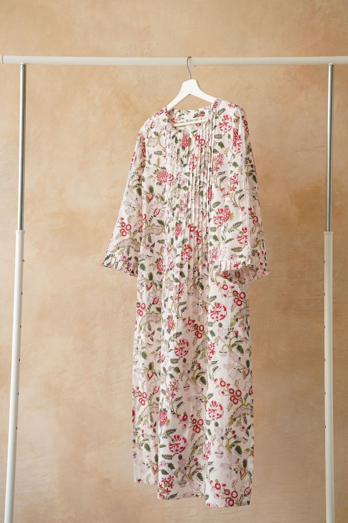White Floral Hand Block Printed Pintuck Kurta - Tara - C - Tara