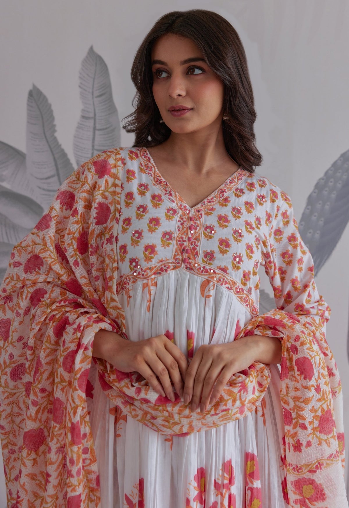 White Floral Printed Anarkali Suit Set - Tara - C - Tara